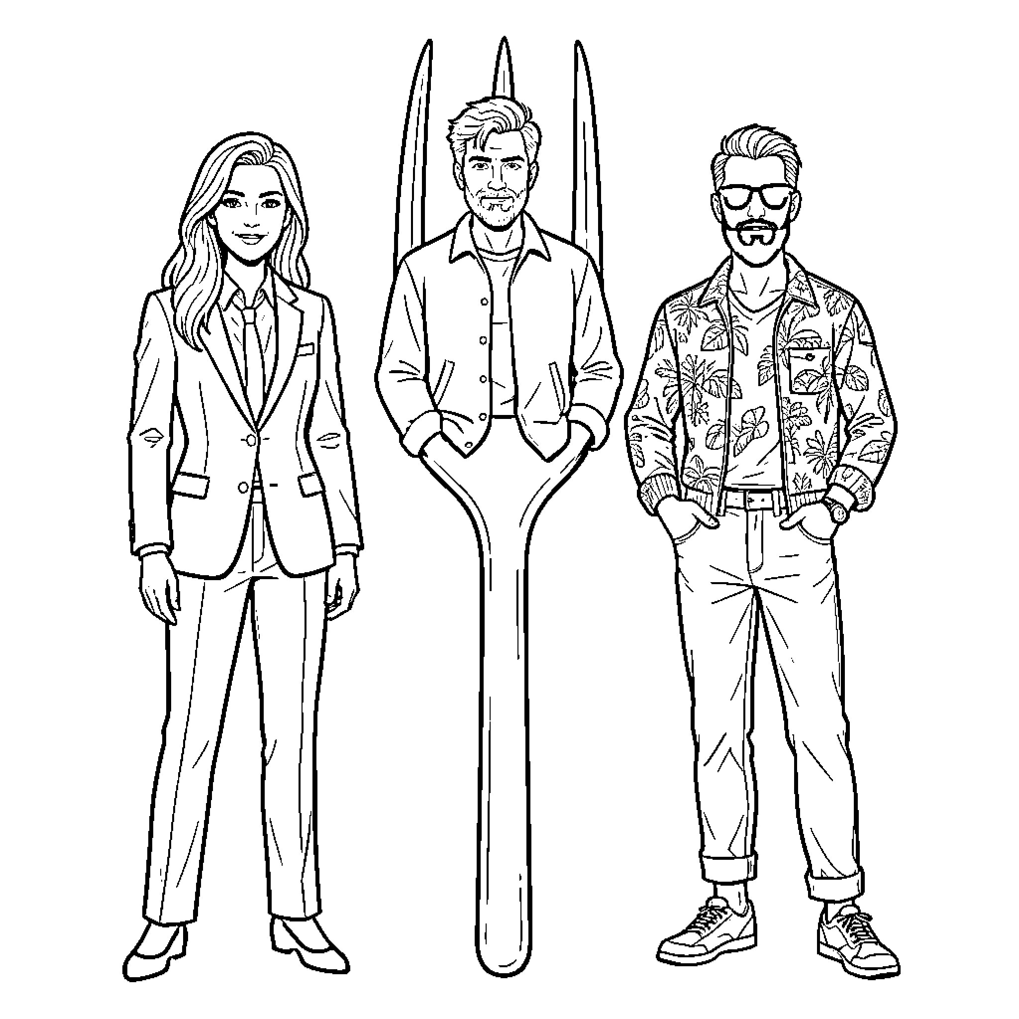 Pitchfork group of three stylish people standing together Coloring Page (free black-and-white line drawing printable PDF for all, from beginners to advanced learners, including children, teens, adults, and seniors)