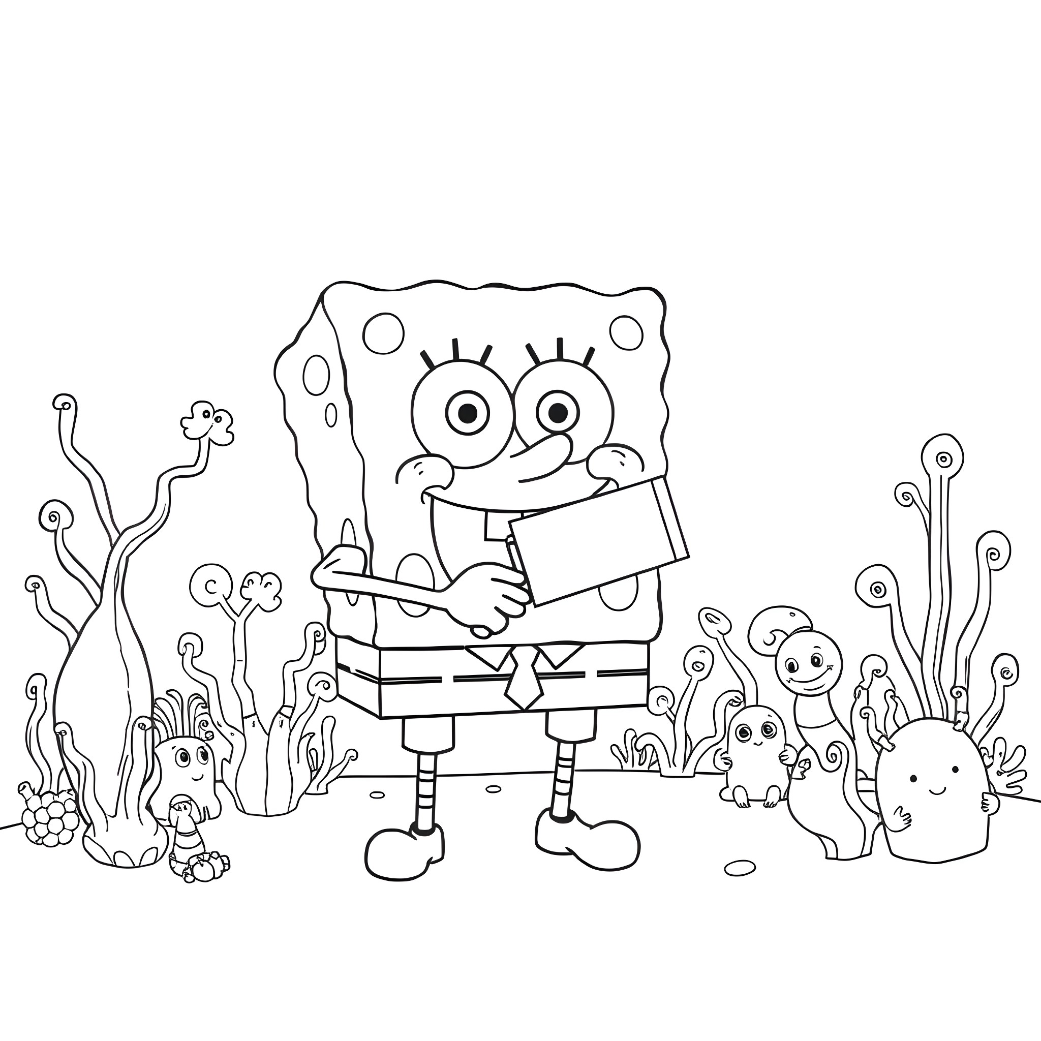 Spongebob and friends in an underwater scene Coloring Page (free black-and-white line drawing printable PDF for all, from beginners to advanced learners, including children, teens, adults, and seniors)