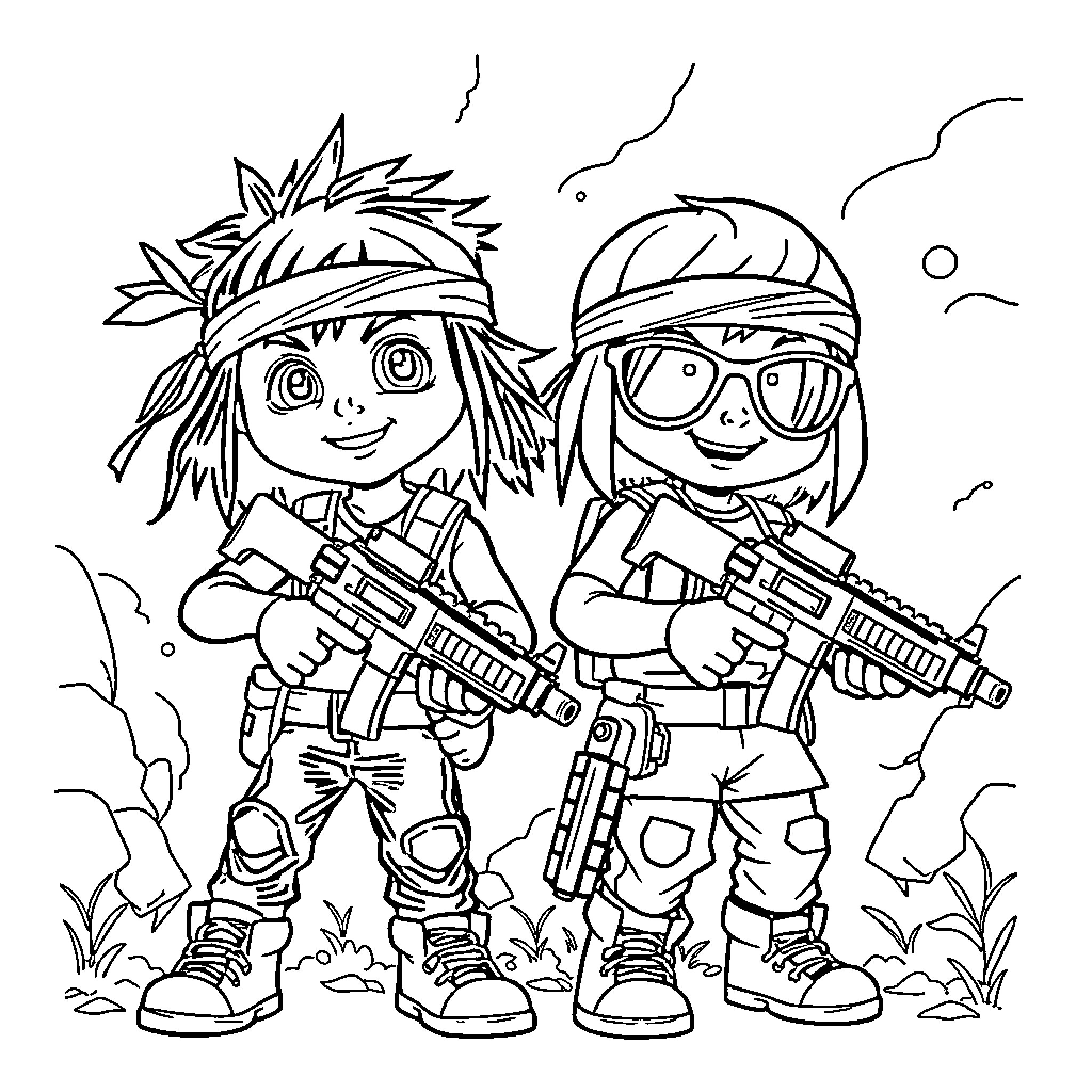 Bolek i Lolek on a mission with their toy guns Coloring Page (free black-and-white line drawing printable PDF for all, from beginners to advanced learners, including children, teens, adults, and seniors)