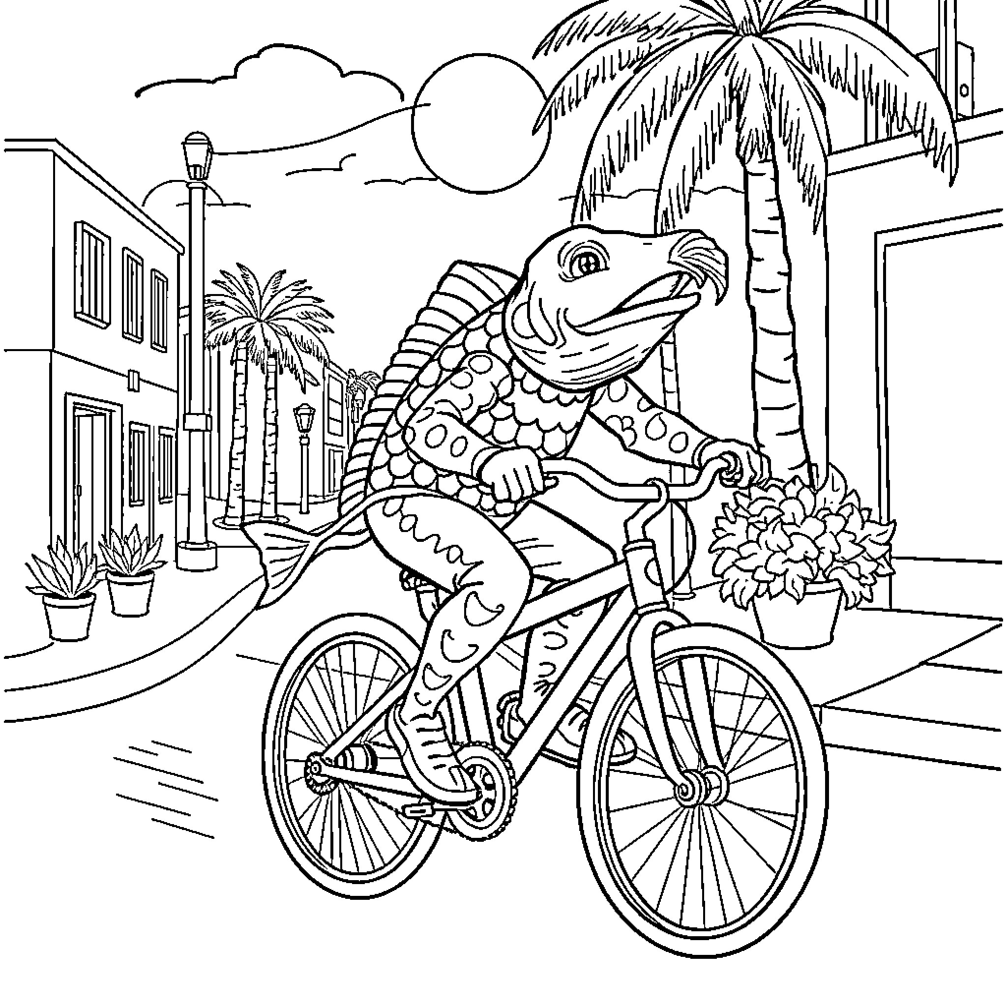 Fish-Man Riding Bicycle in Tropical Town Coloring Page (free black-and-white line drawing printable PDF for all, from beginners to advanced learners, including children, teens, adults, and seniors)