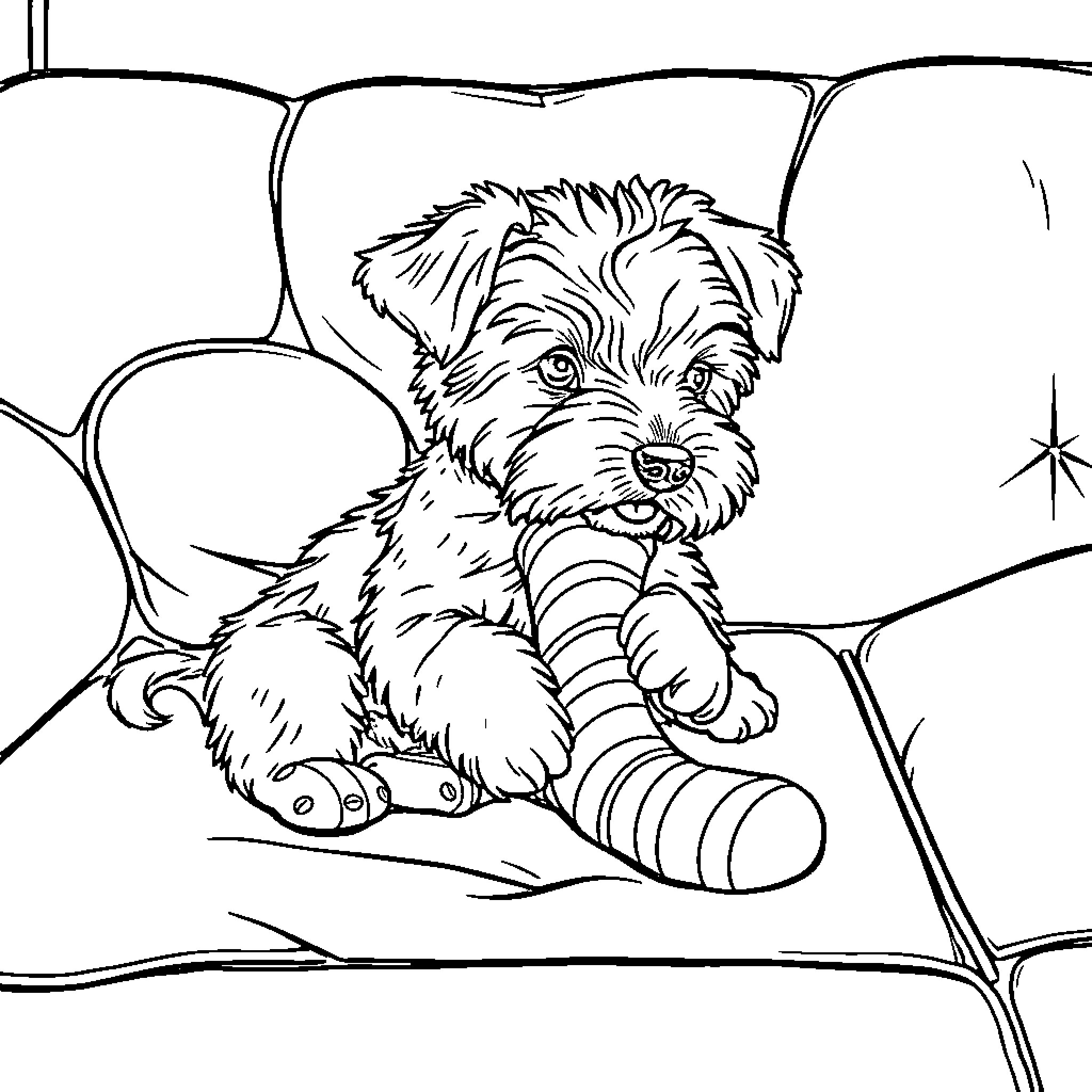 Maltese puppy resting on car seat Coloring Page (free black-and-white line drawing printable PDF for all, from beginners to advanced learners, including children, teens, adults, and seniors)