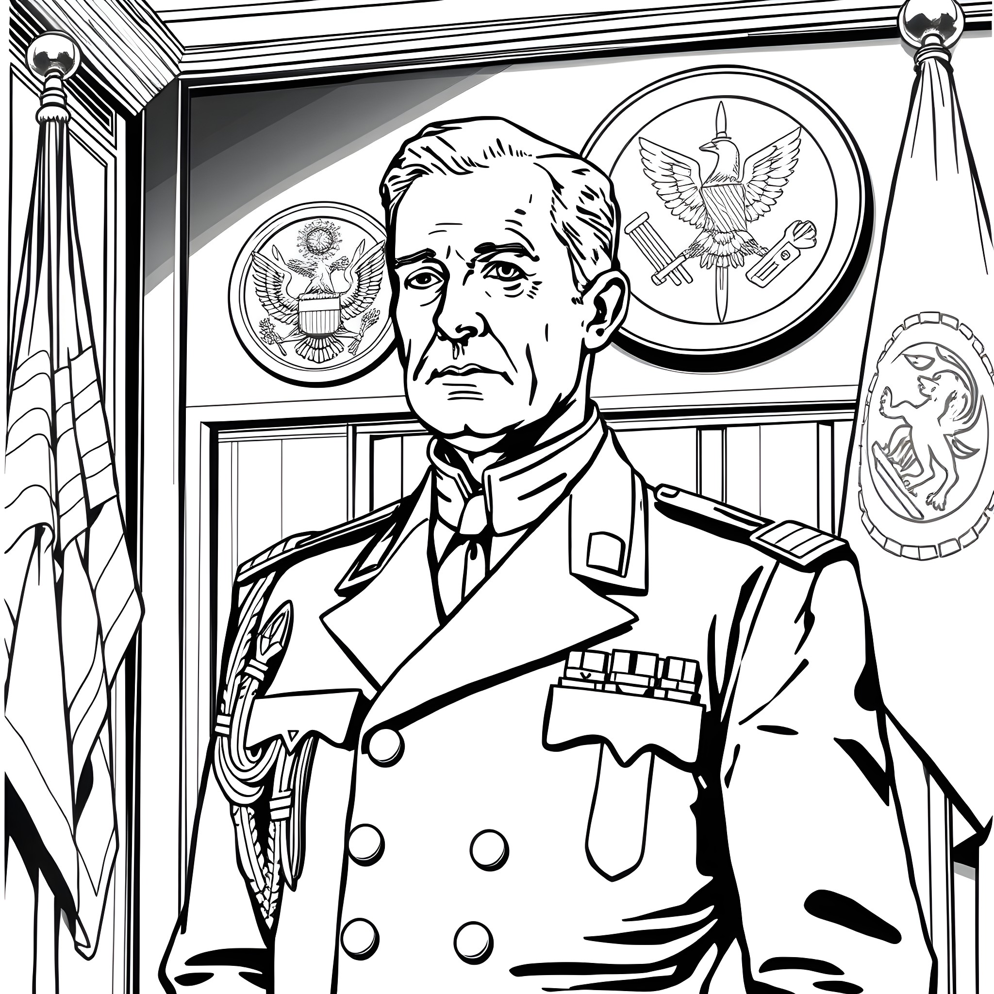 Adolf Hitler in military uniform with symbolic insignia Coloring Page (free black-and-white line drawing printable PDF for all, from beginners to advanced learners, including children, teens, adults, and seniors)