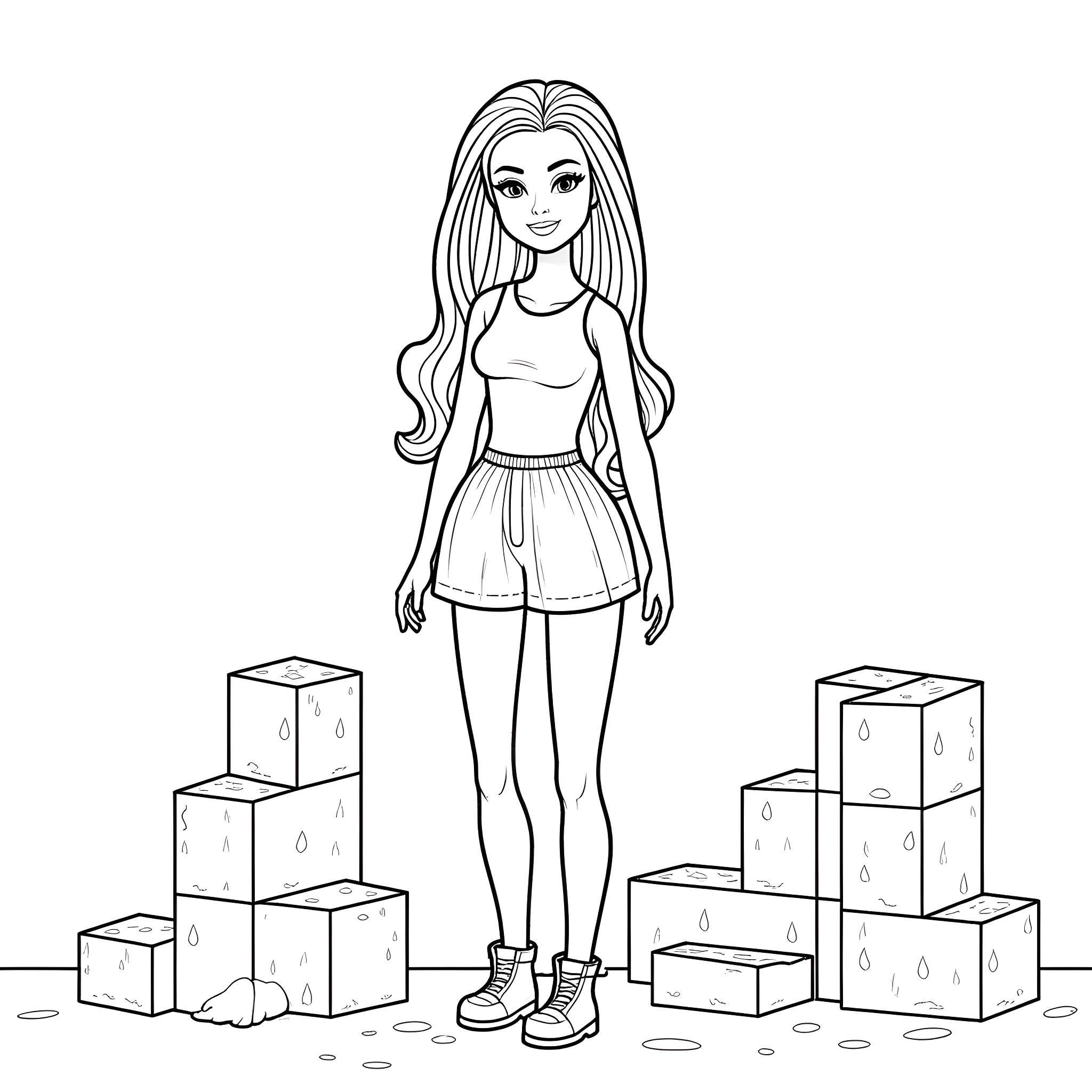 Minecraft Barbie playing amidst construction blocks Coloring Page (free black-and-white line drawing printable PDF for all, from beginners to advanced learners, including children, teens, adults, and seniors)