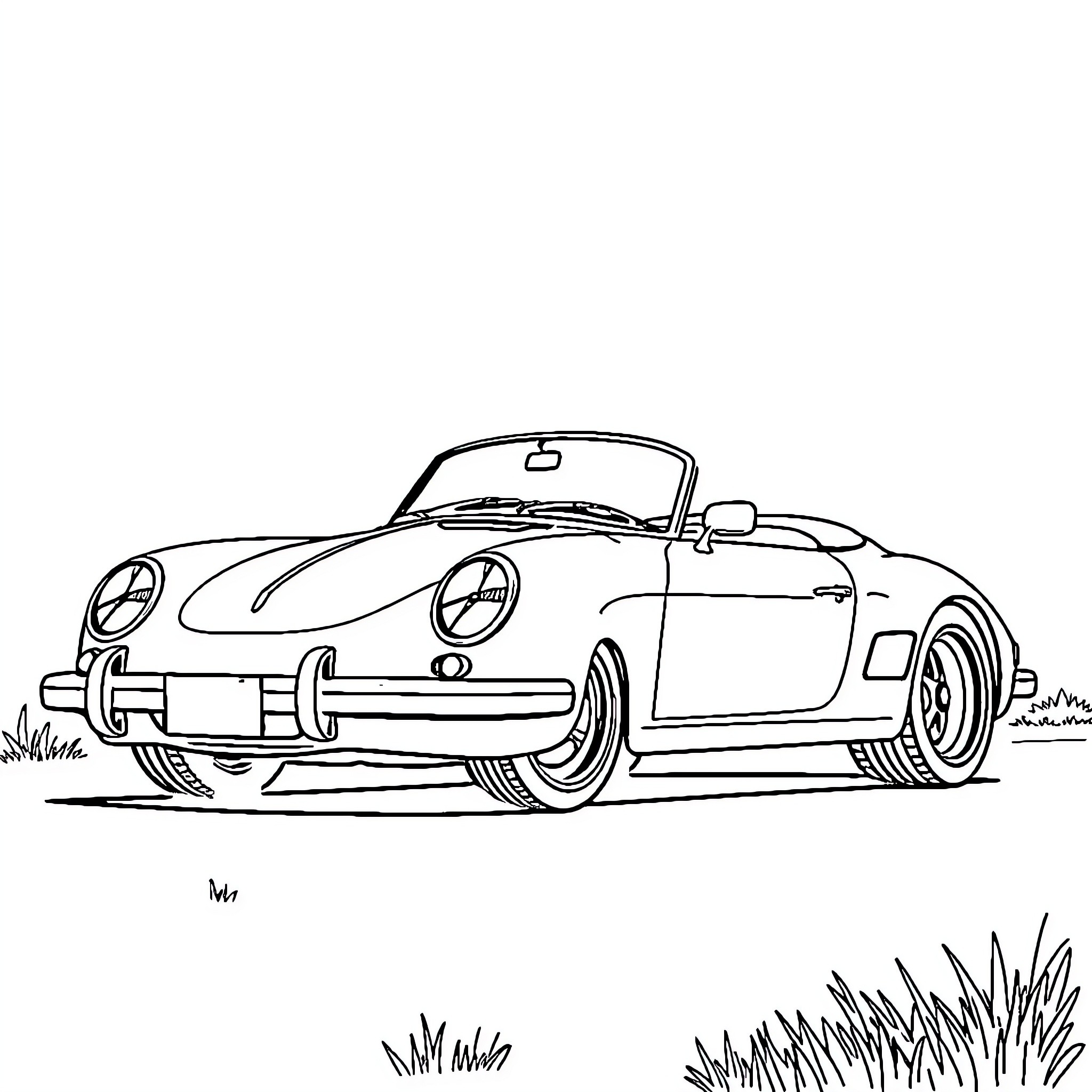 Car parked in grassy field Coloring Page (free black-and-white line drawing printable PDF for all, from beginners to advanced learners, including children, teens, adults, and seniors)