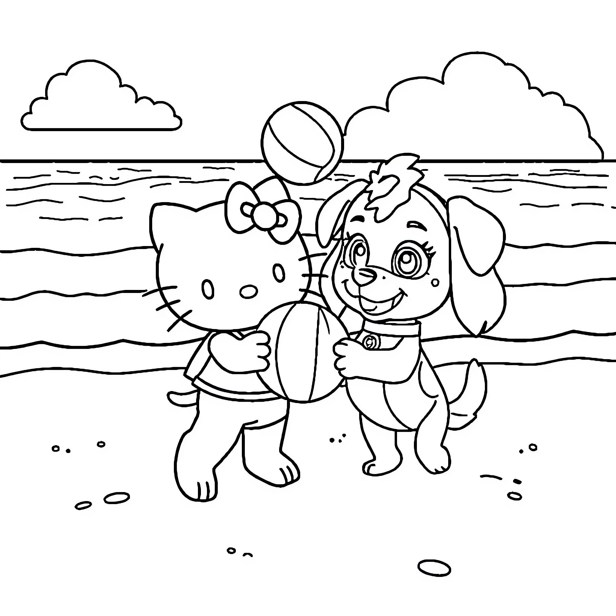 Hello Kitty and Puppy Playing on the Beach Coloring Page (free black-and-white line drawing printable PDF for all, from beginners to advanced learners, including children, teens, adults, and seniors)