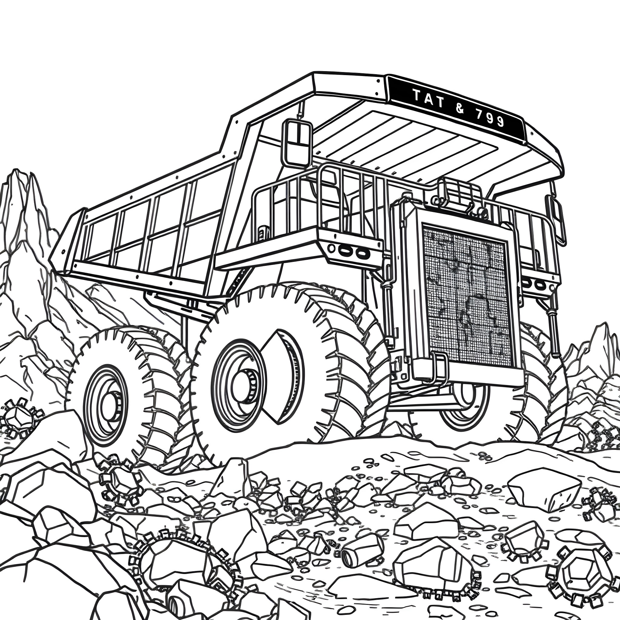 Cat driving a giant dump truck on a rocky terrain Coloring Page (free black-and-white line drawing printable PDF for all, from beginners to advanced learners, including children, teens, adults, and seniors)