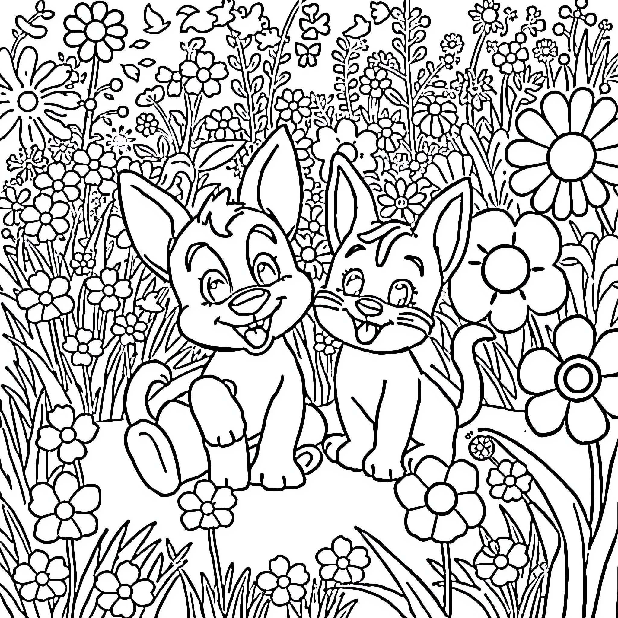 Bluey's Delightful Flower Garden Adventure Coloring Page (free black-and-white line drawing printable PDF for all, from beginners to advanced learners, including children, teens, adults, and seniors)