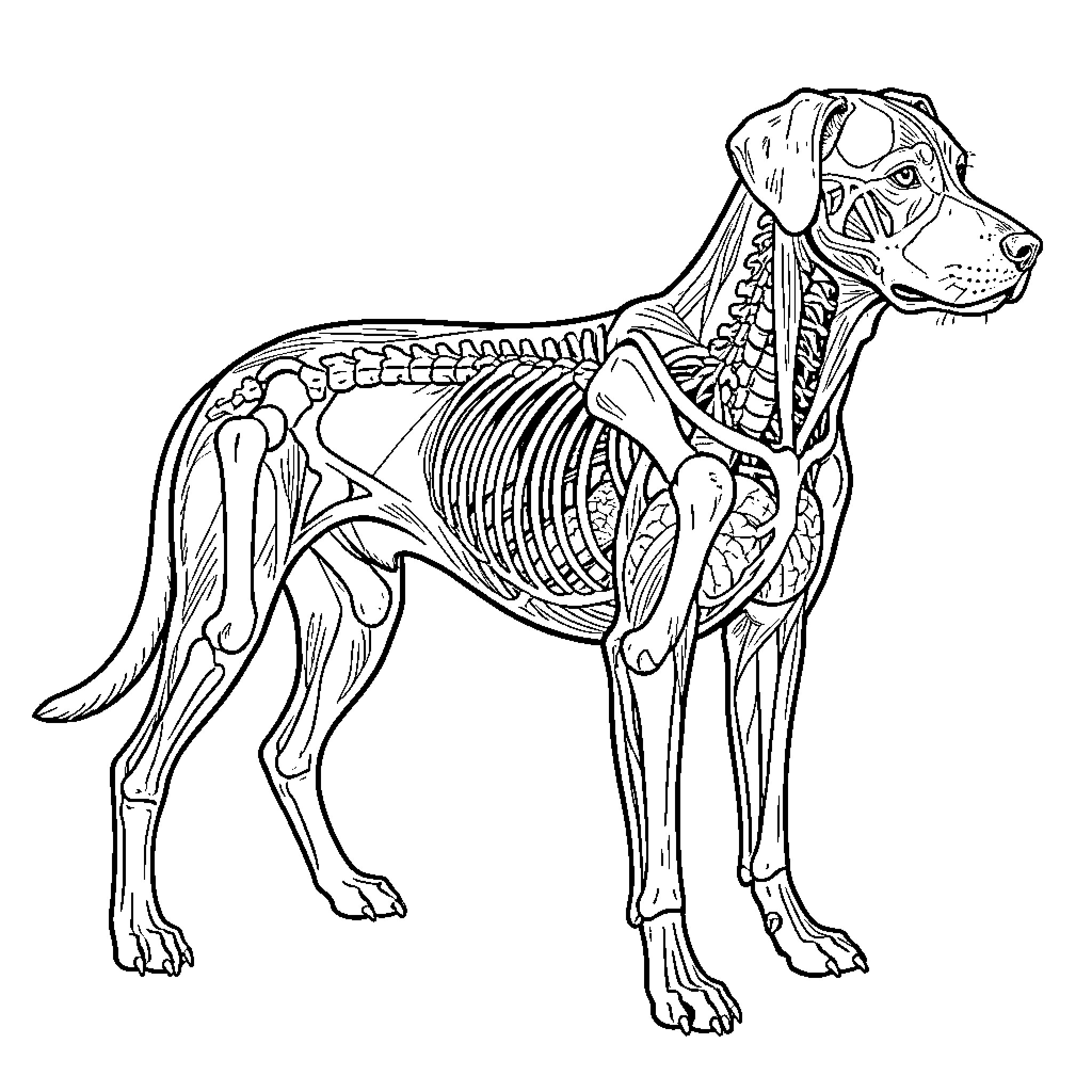 Dog showing skeletal and muscular anatomical structure Coloring Page (free black-and-white line drawing printable PDF for all, from beginners to advanced learners, including children, teens, adults, and seniors)
