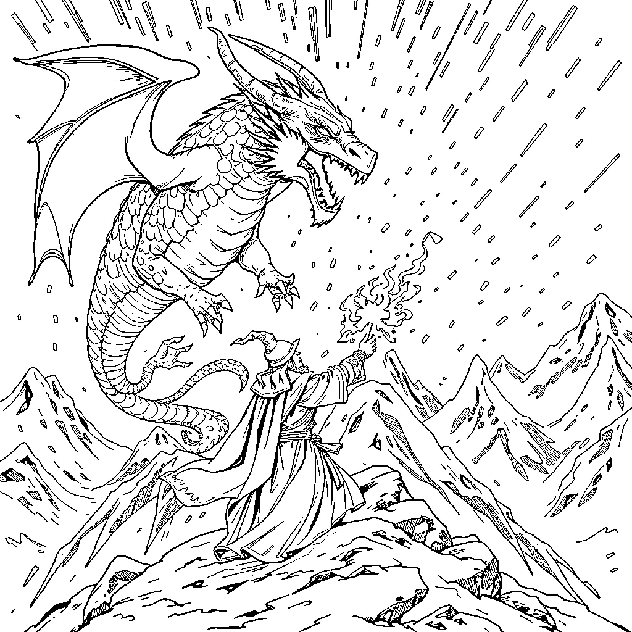 Wizard battles fierce dragon in snowy mountain peaks Coloring Page (free black-and-white line drawing printable PDF for all, from beginners to advanced learners, including children, teens, adults, and seniors)