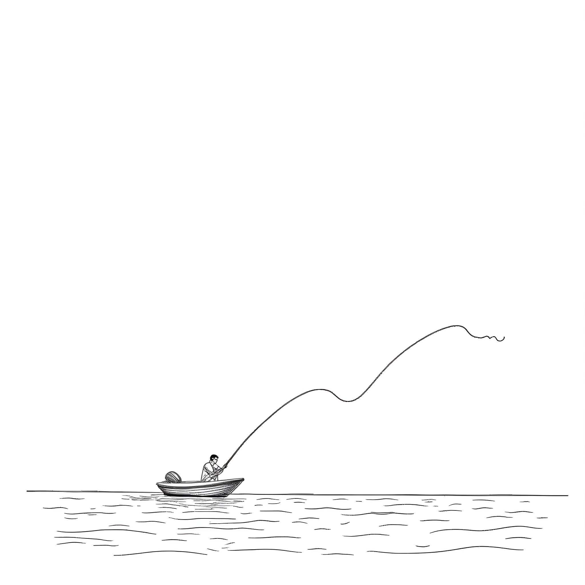 Man fishing in a boat on the water Coloring Page (free black-and-white line drawing printable PDF for all, from beginners to advanced learners, including children, teens, adults, and seniors)