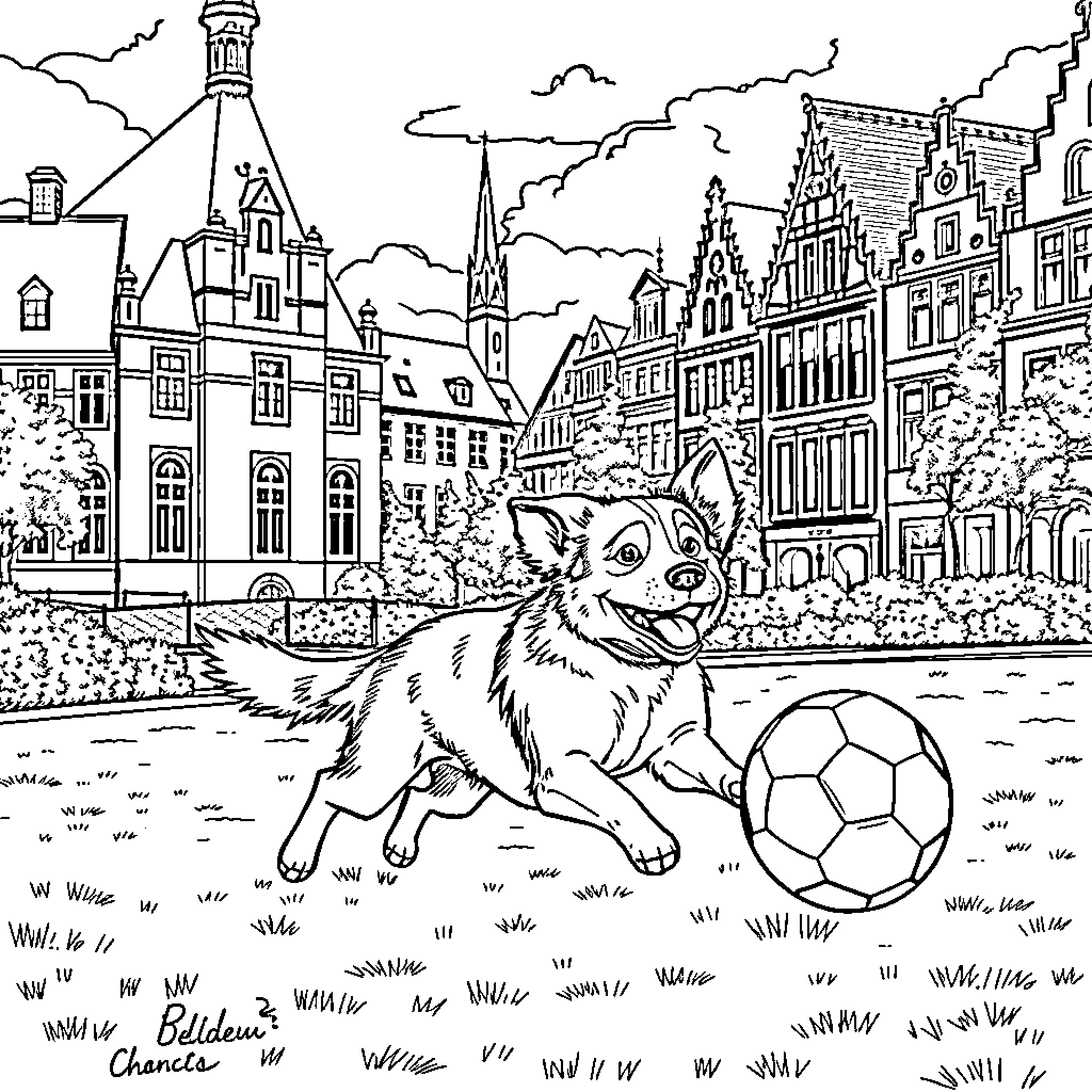 Dog playing with soccer ball in historic city Coloring Page (free black-and-white line drawing printable PDF for all, from beginners to advanced learners, including children, teens, adults, and seniors)