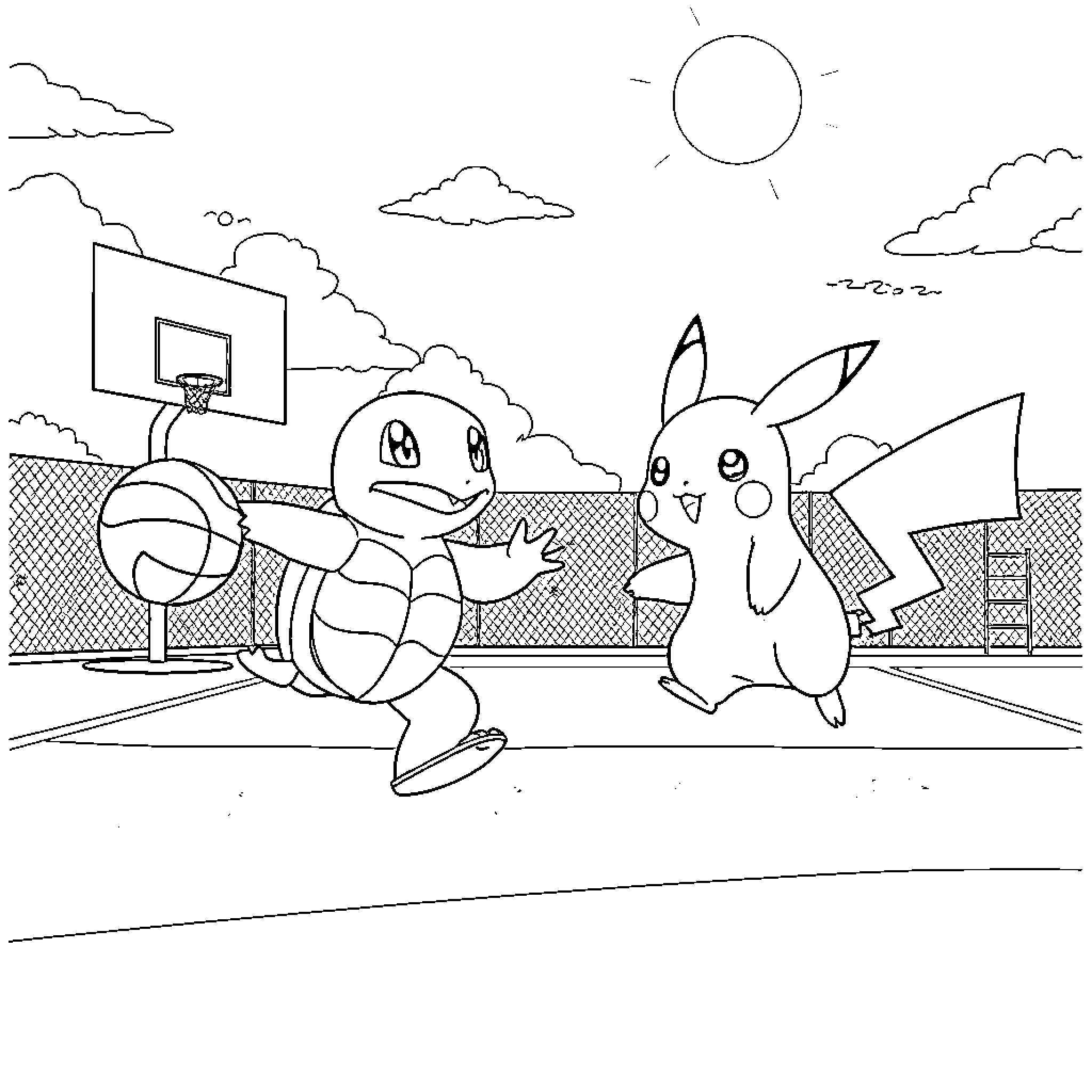 Squirtle and Pikachu playing basketball together Coloring Page (free black-and-white line drawing printable PDF for all, from beginners to advanced learners, including children, teens, adults, and seniors)