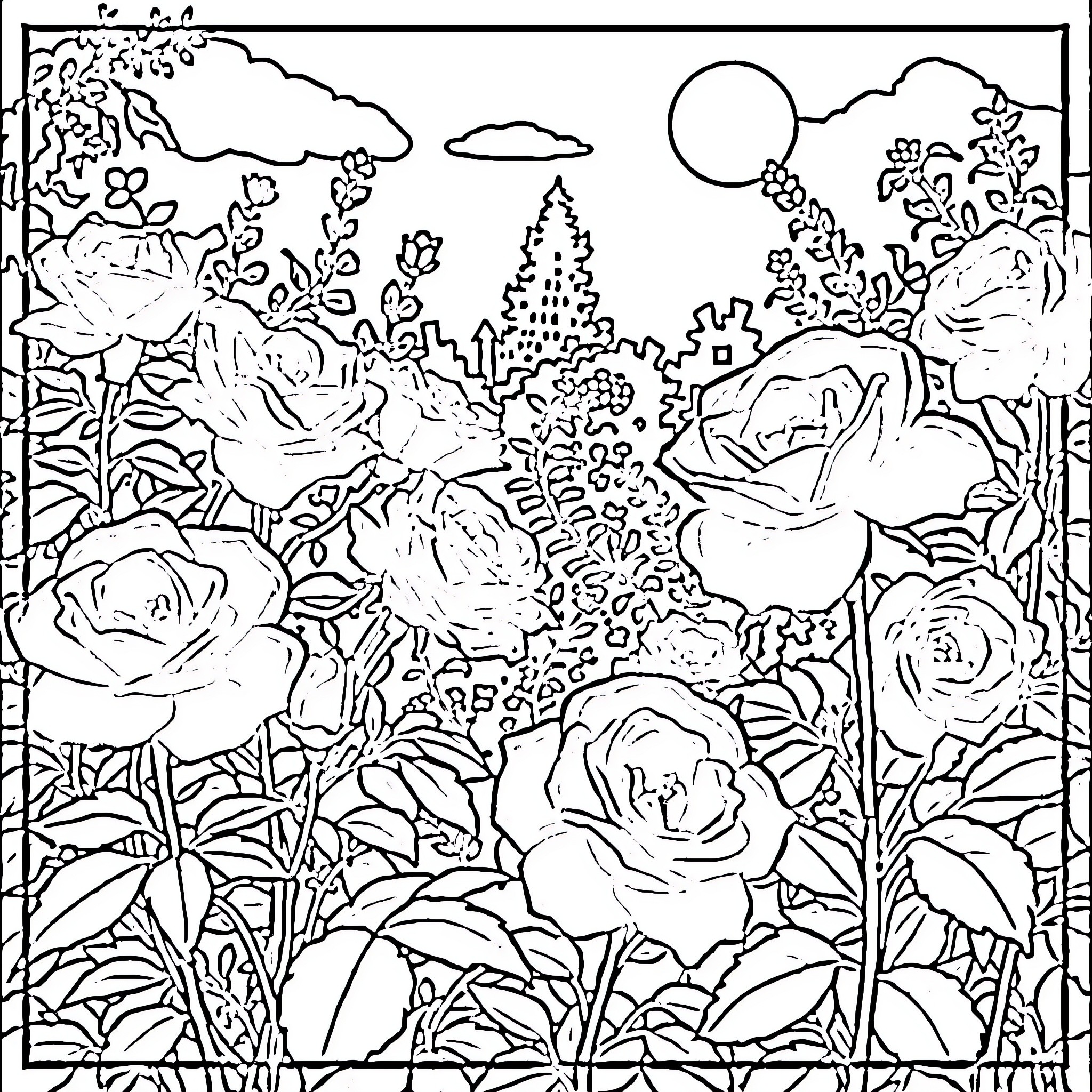 Rose garden scenery in the moonlight Coloring Page (free black-and-white line drawing printable PDF for all, from beginners to advanced learners, including children, teens, adults, and seniors)