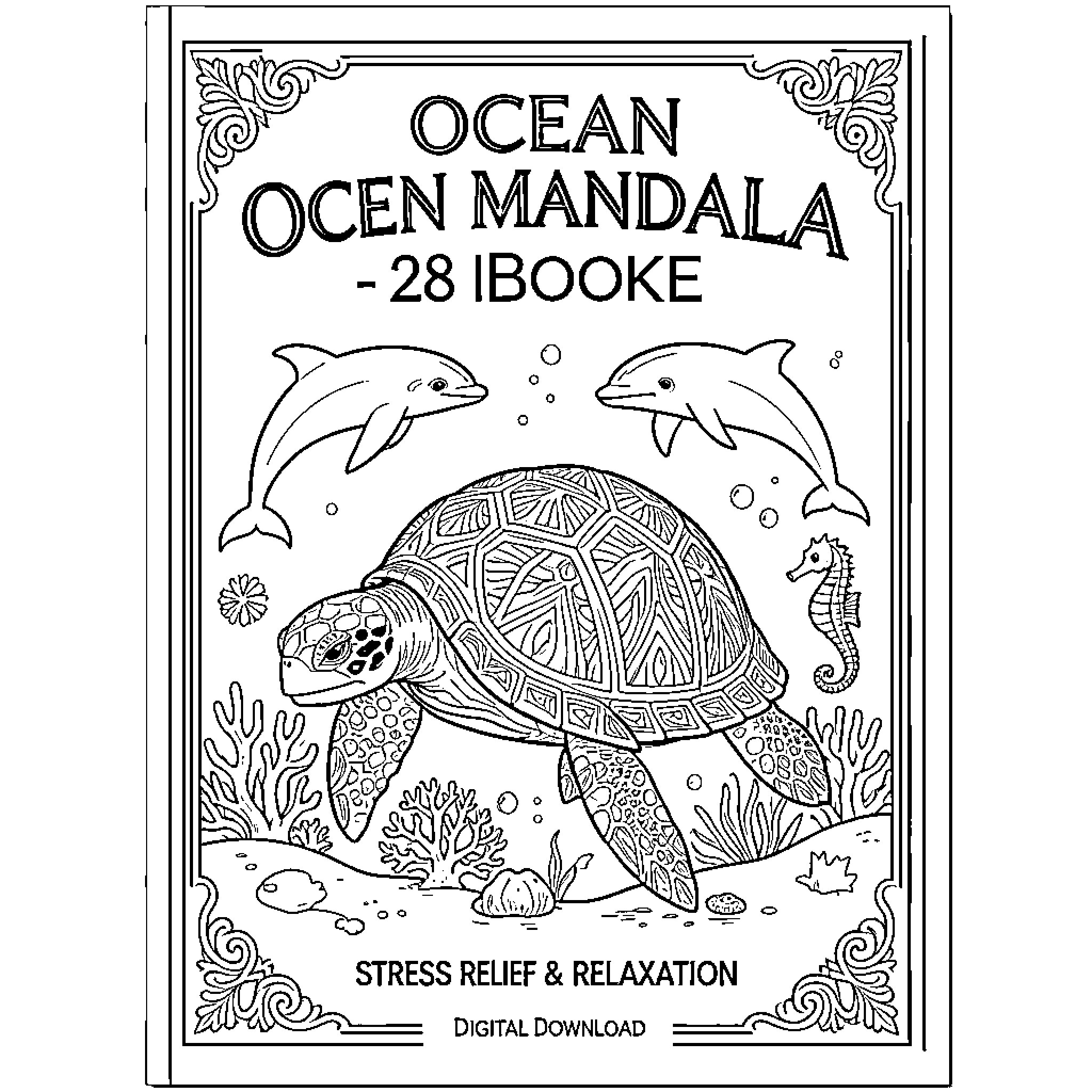 Turtle swimming among dolphins and sea creatures Coloring Page (free black-and-white line drawing printable PDF for all, from beginners to advanced learners, including children, teens, adults, and seniors)