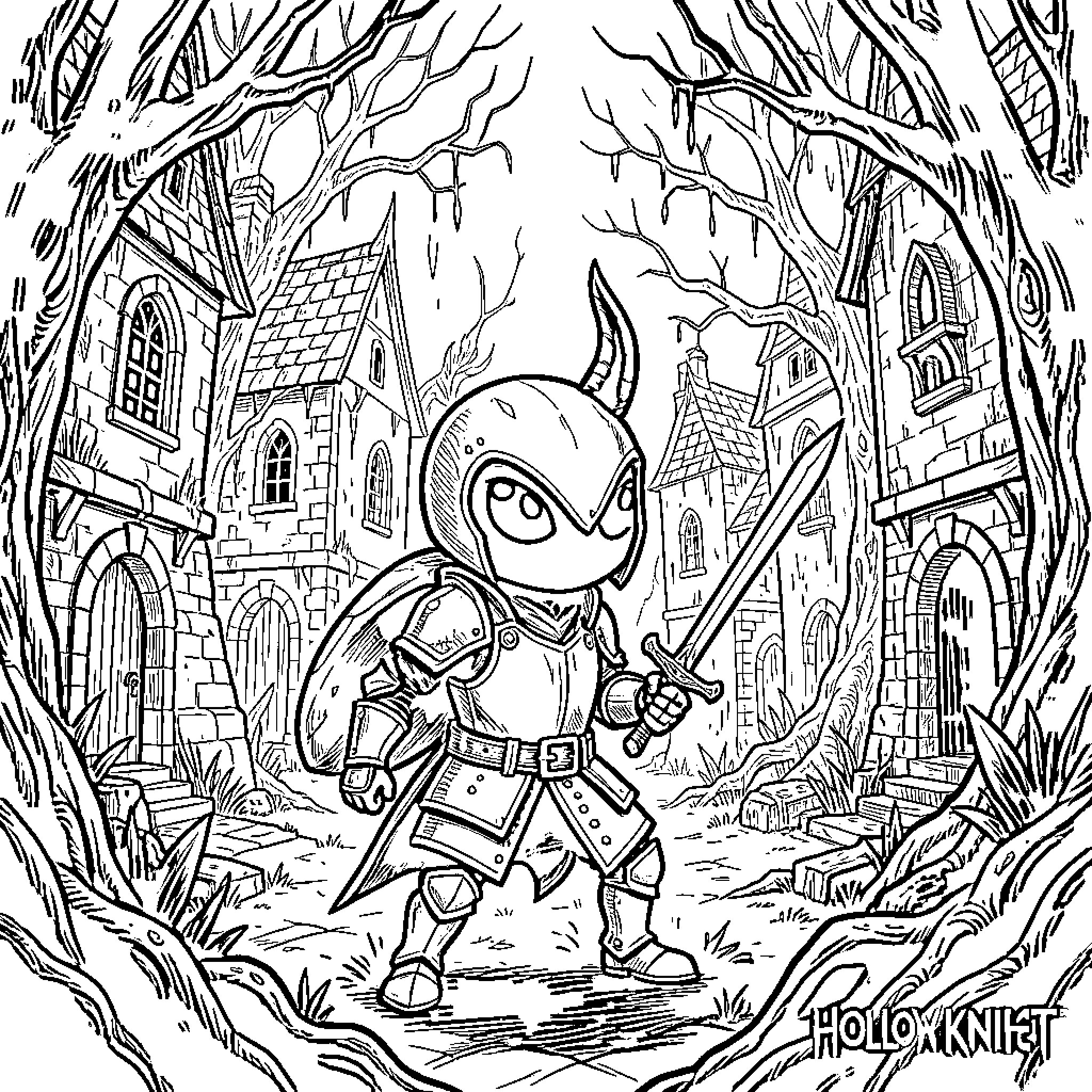 Hollow Knight exploring the Mysterious Forest Coloring Page (free black-and-white line drawing printable PDF for all, from beginners to advanced learners, including children, teens, adults, and seniors)
