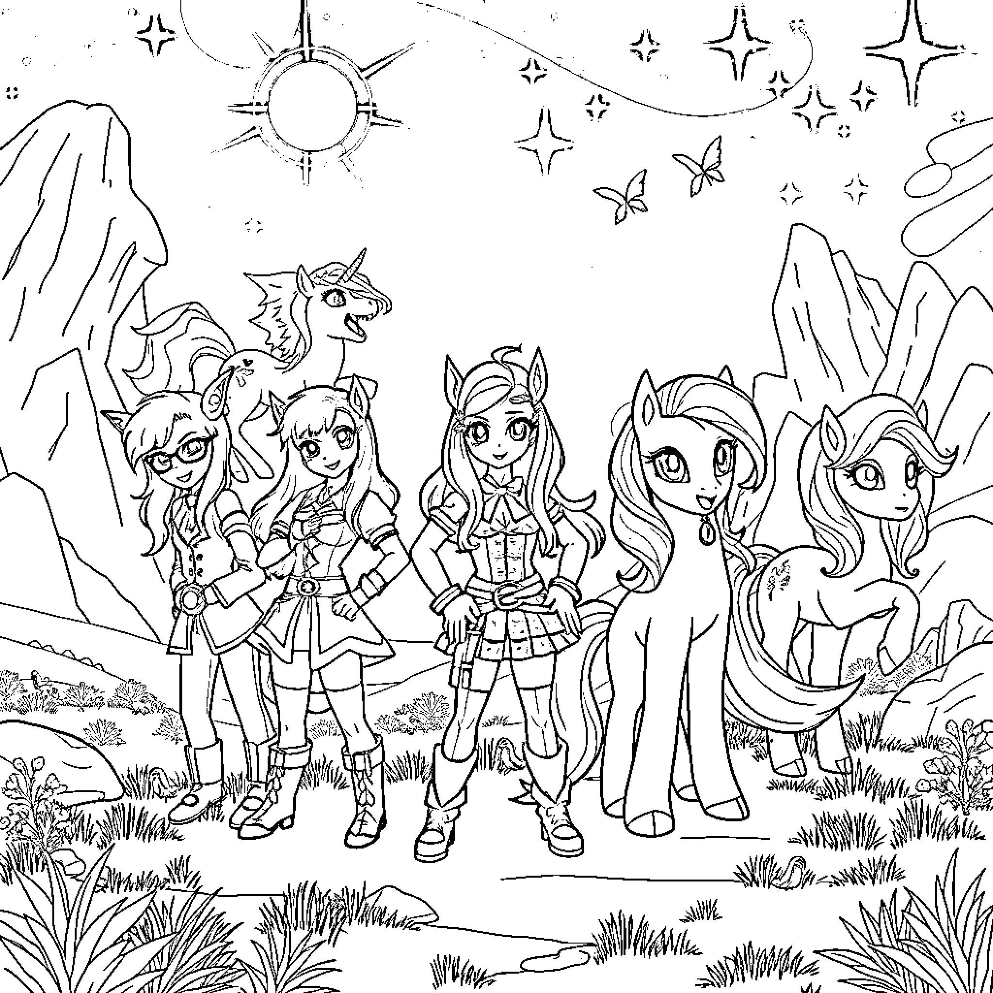 Kpop Demon Hunter Heroes in Fantastical Landscape Coloring Page (free black-and-white line drawing printable PDF for all, from beginners to advanced learners, including children, teens, adults, and seniors)