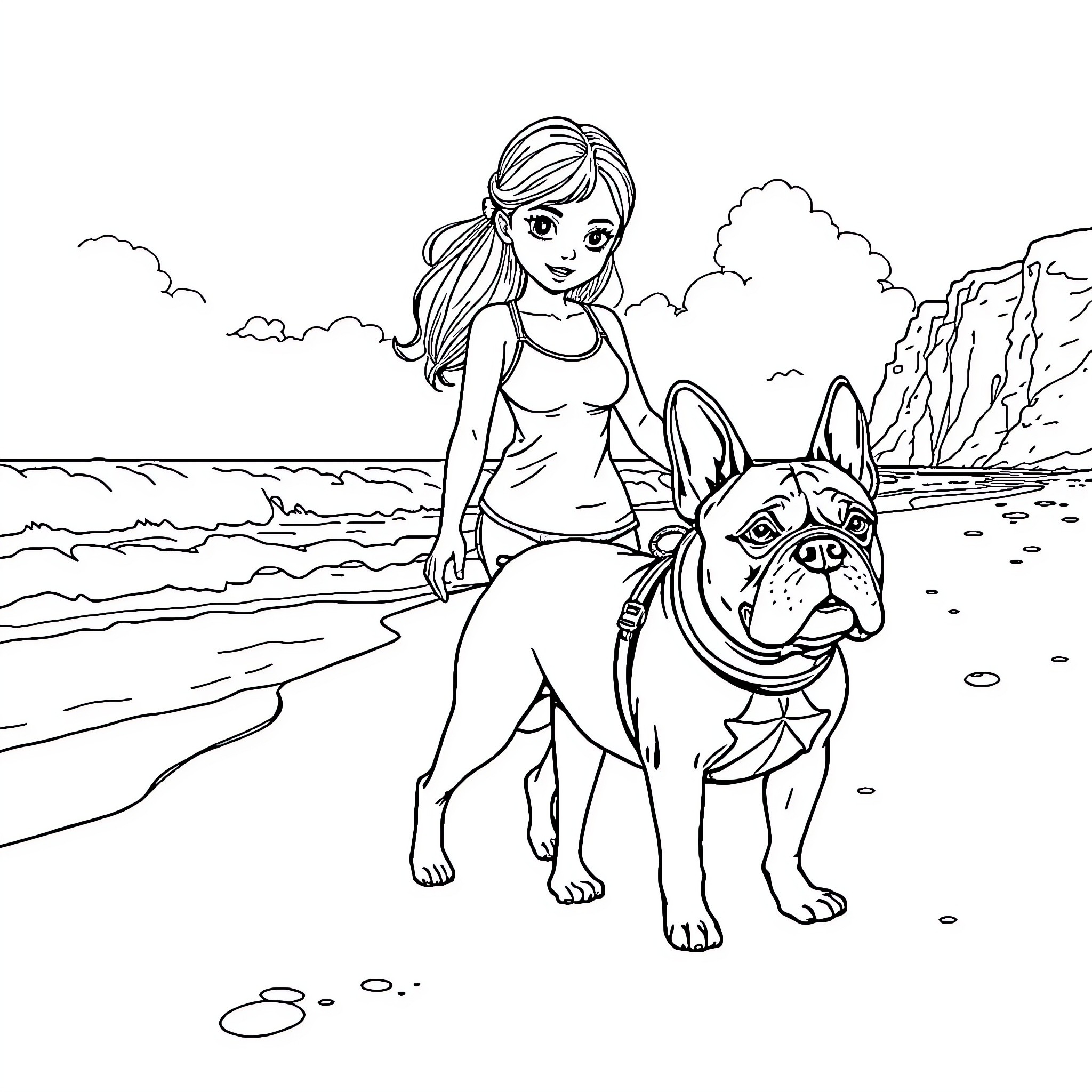 Girl and her loyal dog at the beach Coloring Page (free black-and-white line drawing printable PDF for all, from beginners to advanced learners, including children, teens, adults, and seniors)