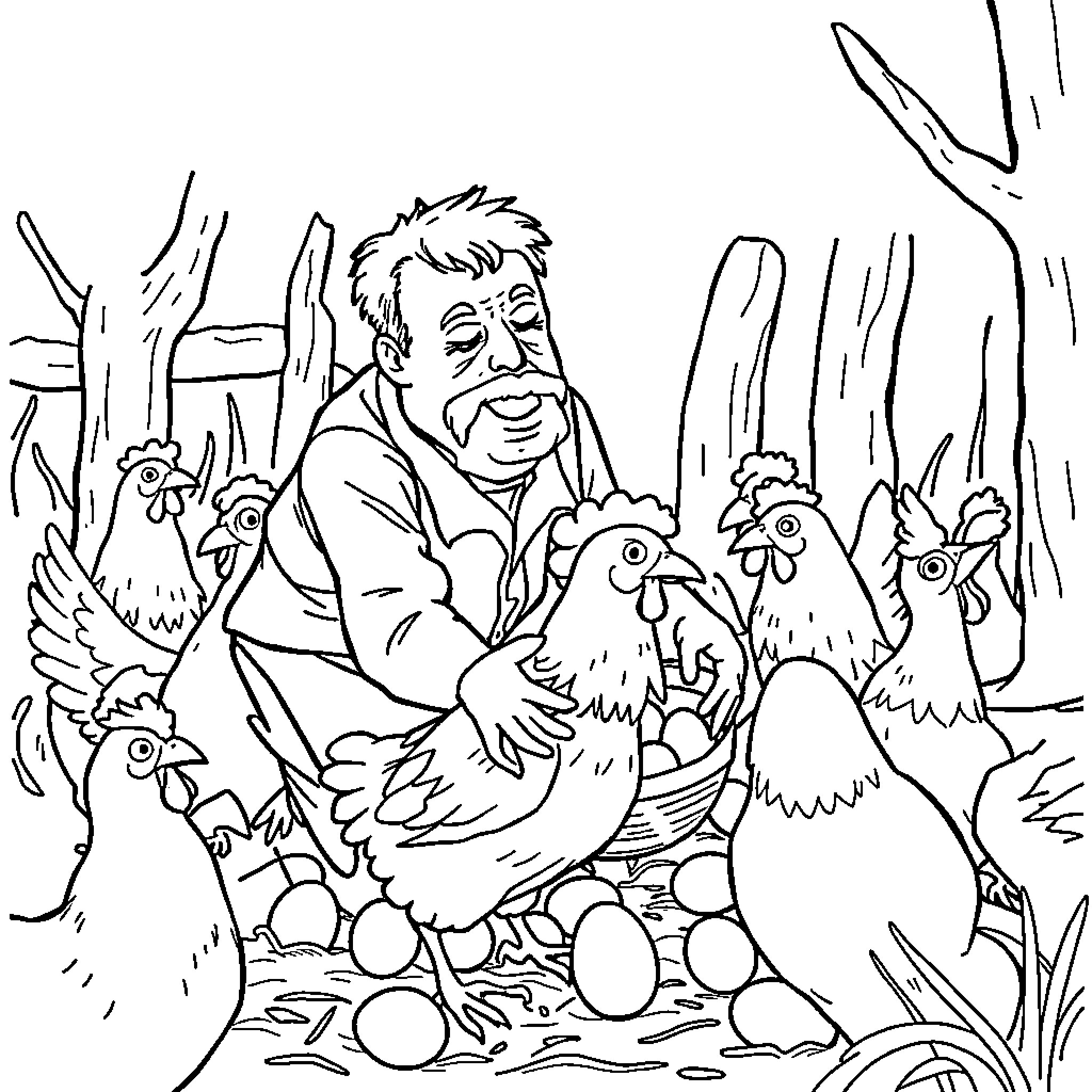 Communist farmer tending to his flock of chickens Coloring Page (free black-and-white line drawing printable PDF for all, from beginners to advanced learners, including children, teens, adults, and seniors)