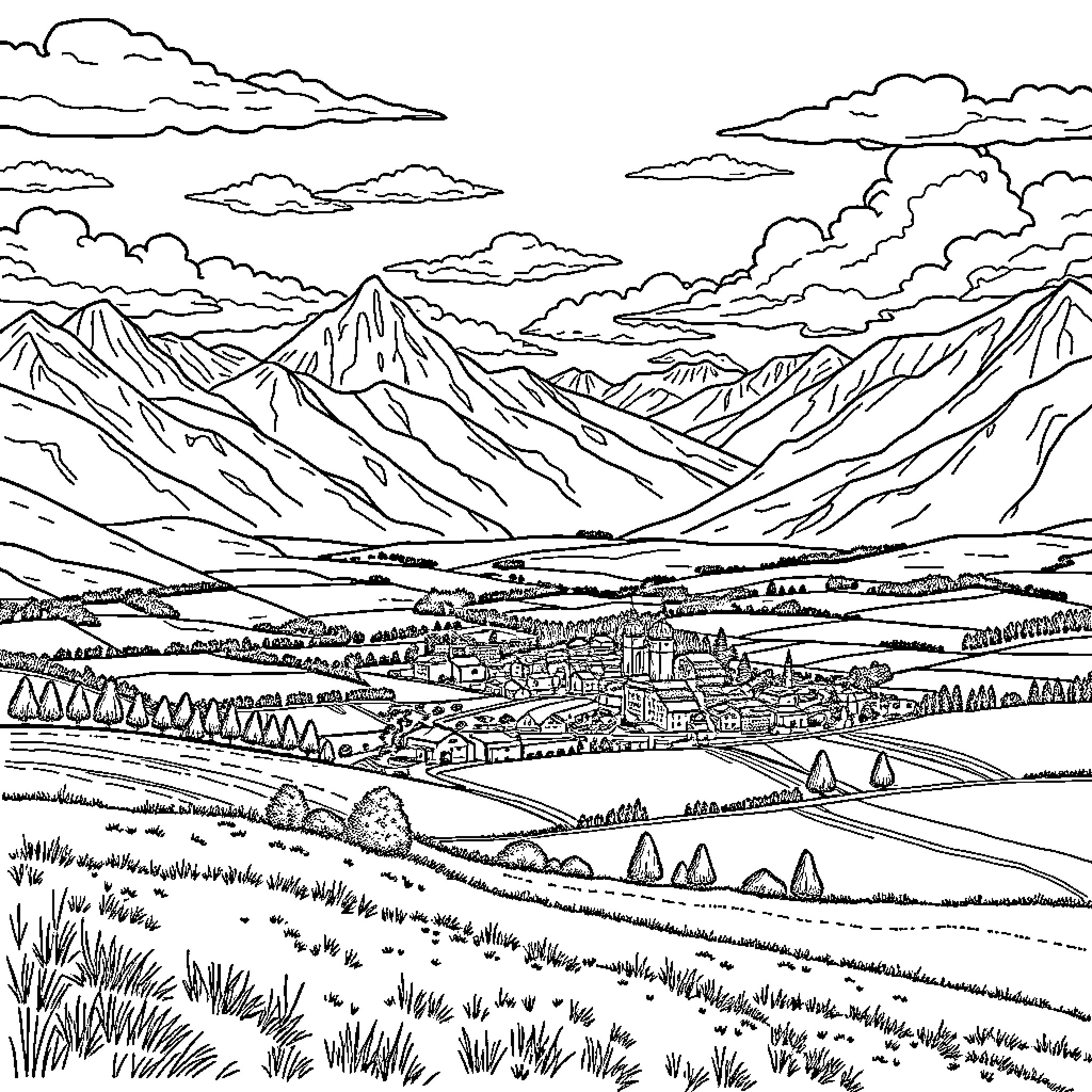 Juntura: Mountainous Landscape with Cityscape Coloring Page (free black-and-white line drawing printable PDF for all, from beginners to advanced learners, including children, teens, adults, and seniors)