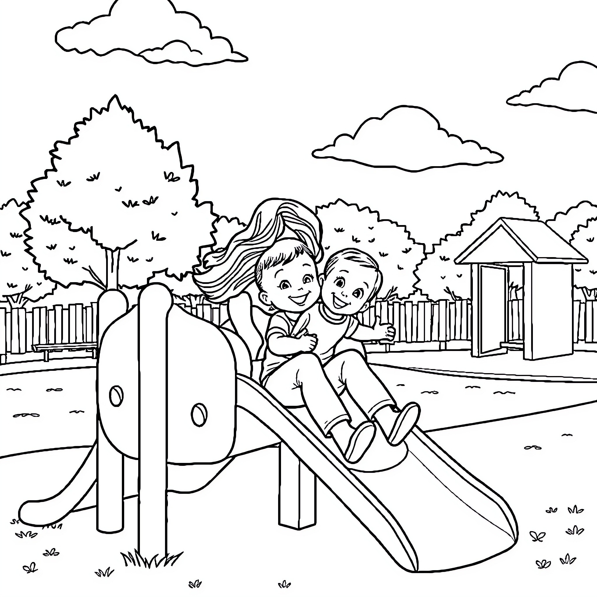 Mom and child playing on the playground slide Coloring Page (free black-and-white line drawing printable PDF for all, from beginners to advanced learners, including children, teens, adults, and seniors)