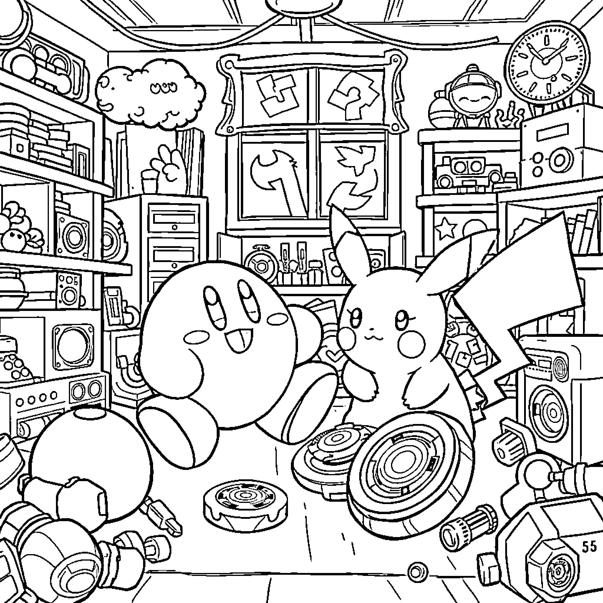 Kirby exploring a cluttered room filled with toys Coloring Page (free black-and-white line drawing printable PDF for all, from beginners to advanced learners, including children, teens, adults, and seniors)