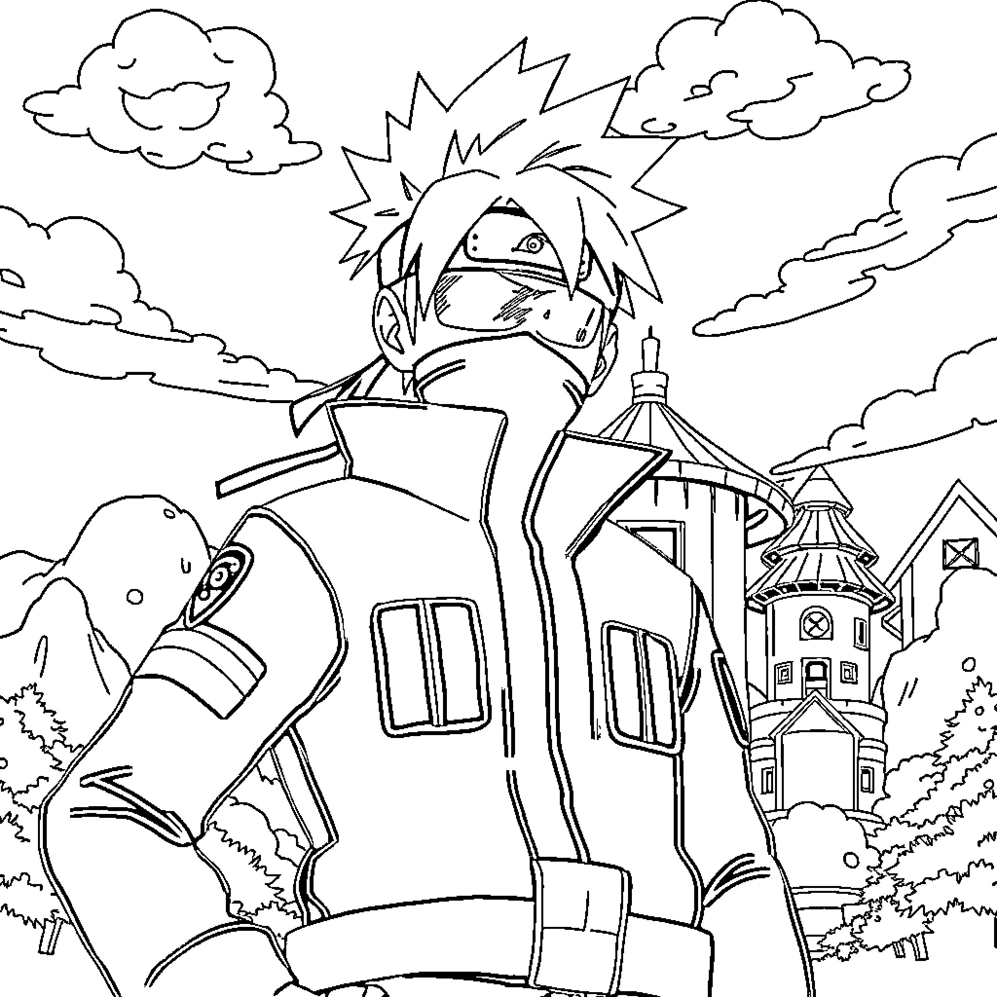 Boruto battling against a powerful opponent in the village Coloring Page (free black-and-white line drawing printable PDF for all, from beginners to advanced learners, including children, teens, adults, and seniors)