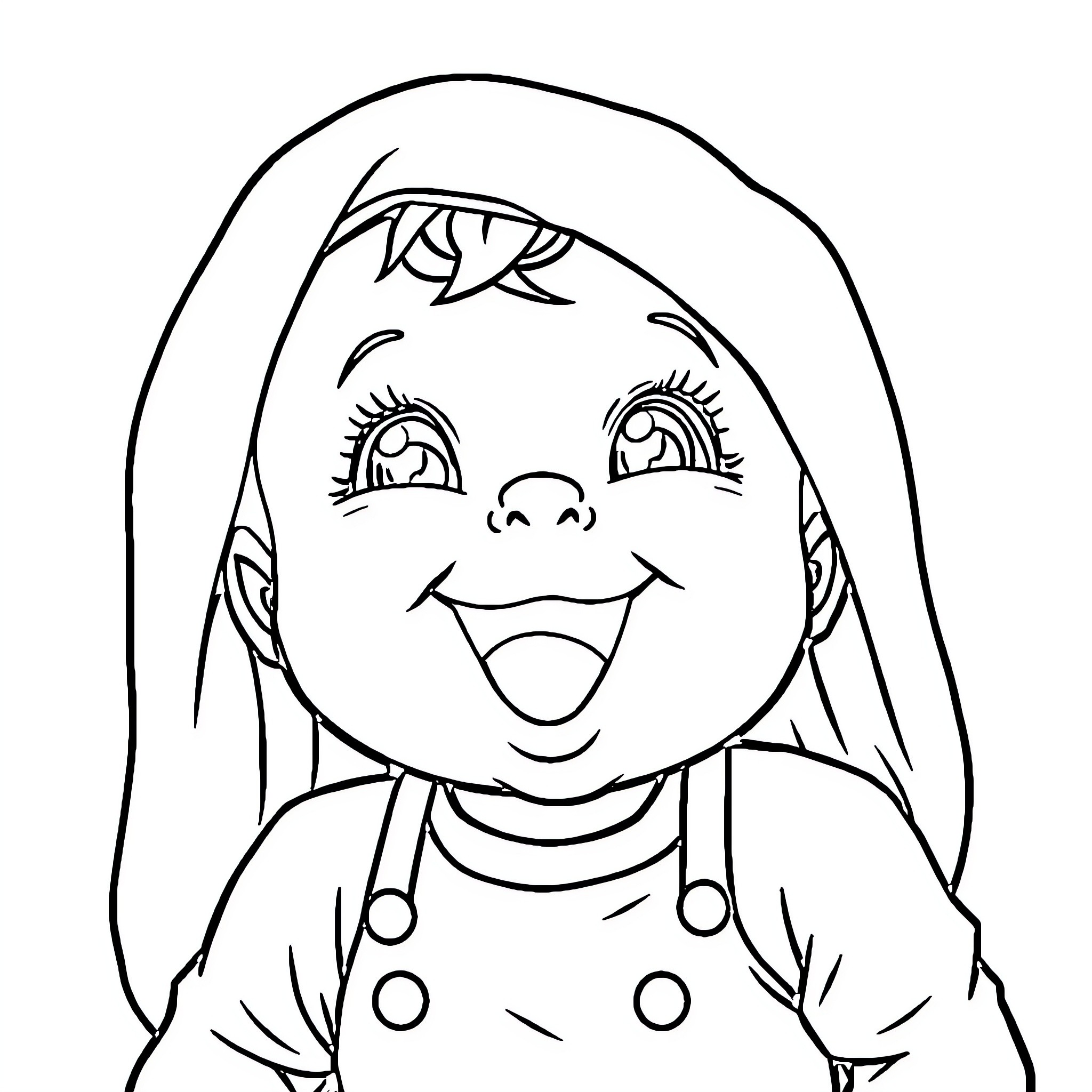 Baby doll with a happy expression Coloring Page (free black-and-white line drawing printable PDF for all, from beginners to advanced learners, including children, teens, adults, and seniors)