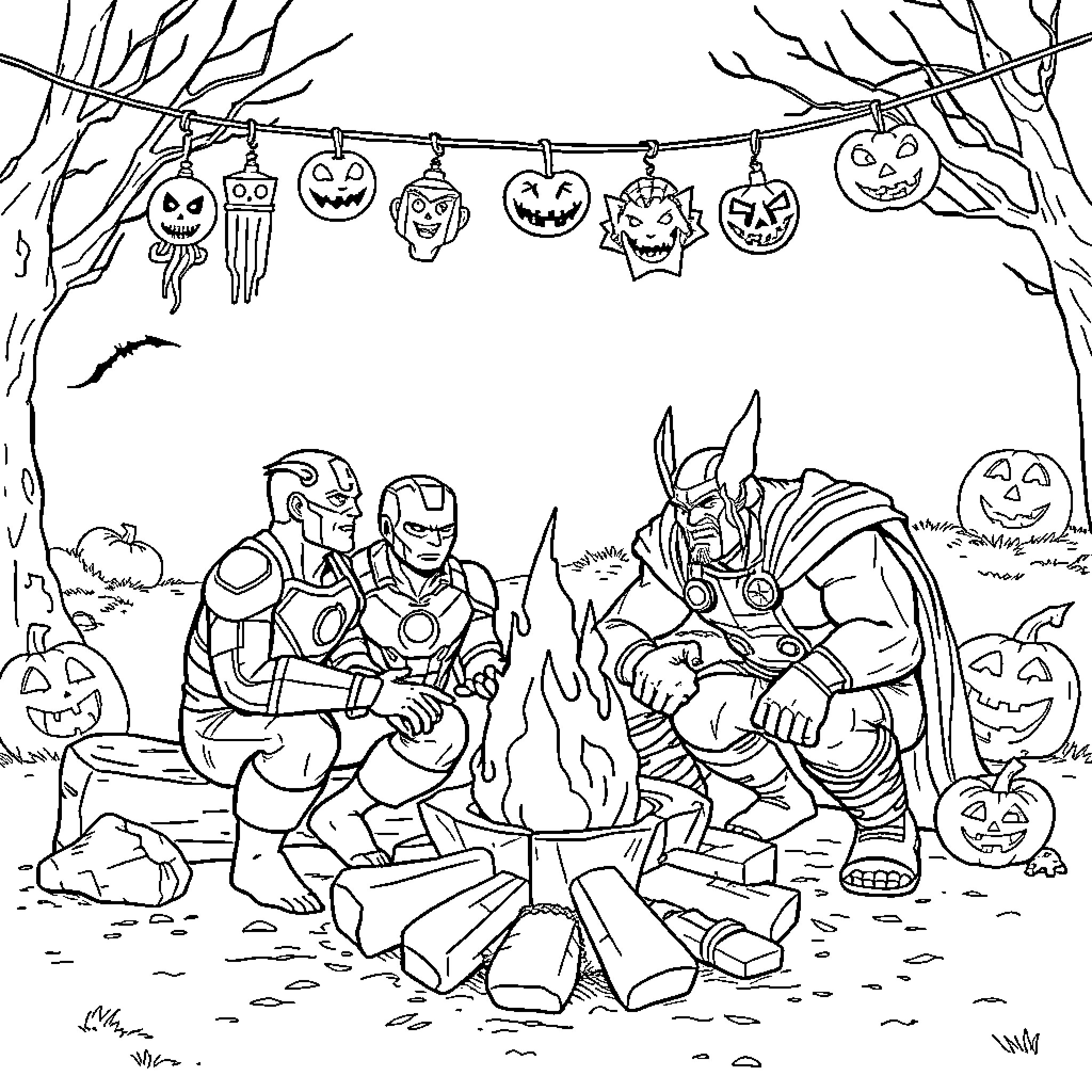 Superhero Friends Gather for Halloween Celebration Coloring Page (free black-and-white line drawing printable PDF for all, from beginners to advanced learners, including children, teens, adults, and seniors)