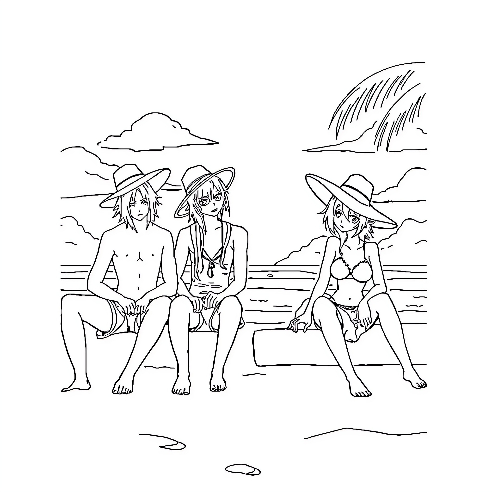 Final Fantasy 7 characters relaxing on the beach Coloring Page (free black-and-white line drawing printable PDF for all, from beginners to advanced learners, including children, teens, adults, and seniors)