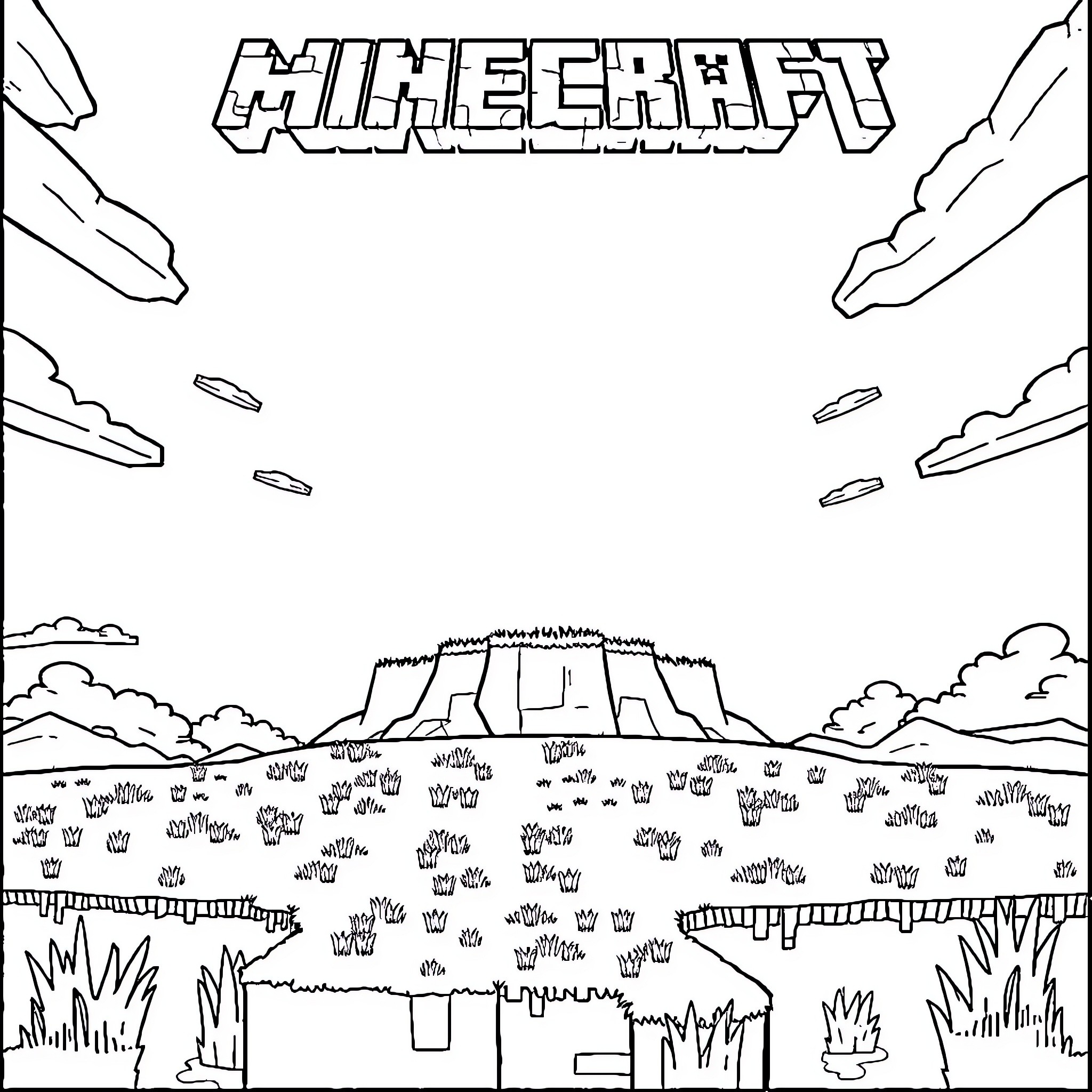 Minecraft landscape with mountainous terrain Coloring Page (free black-and-white line drawing printable PDF for all, from beginners to advanced learners, including children, teens, adults, and seniors)