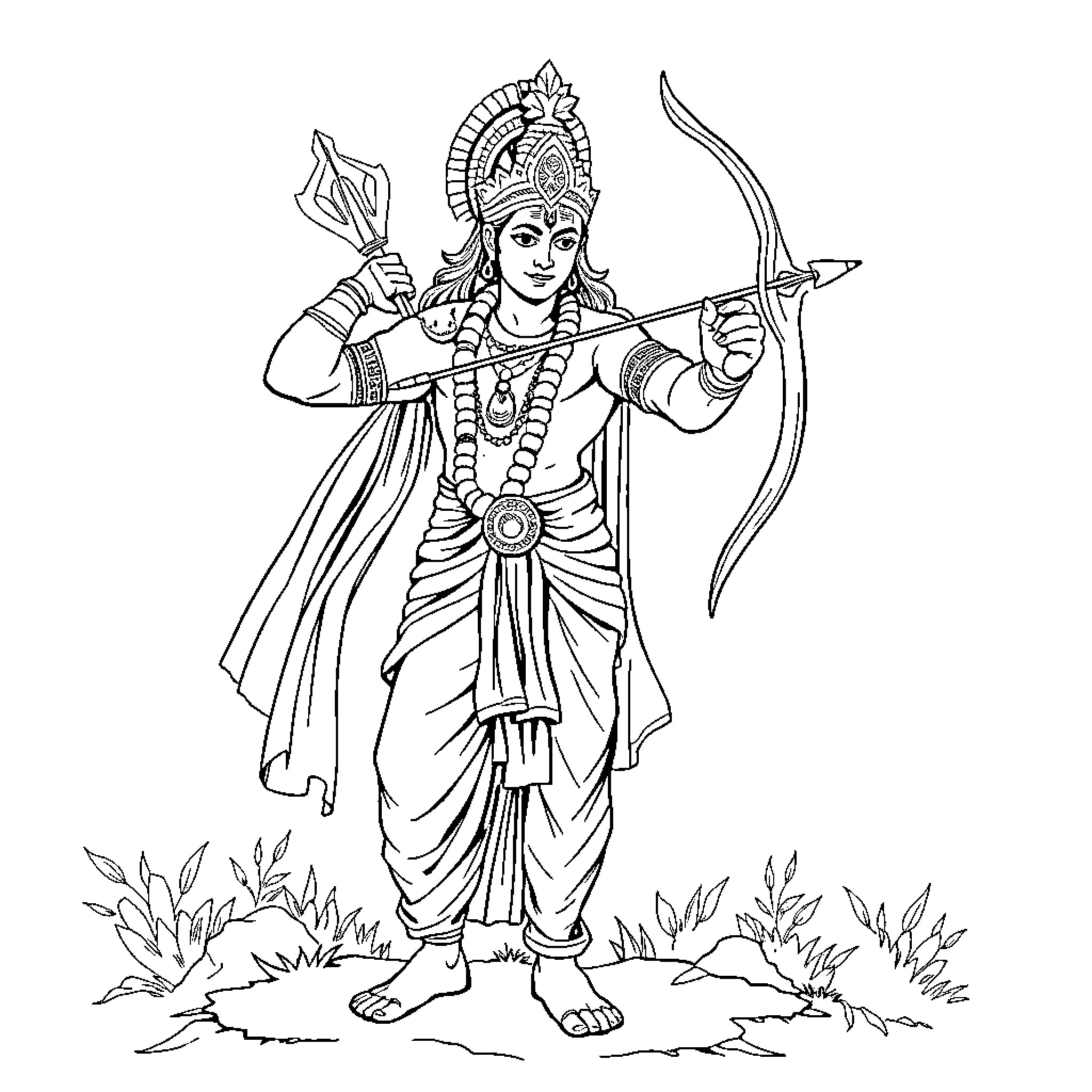 Rama, the Heroic Archer in Mythical Attire Coloring Page (free black-and-white line drawing printable PDF for all, from beginners to advanced learners, including children, teens, adults, and seniors)