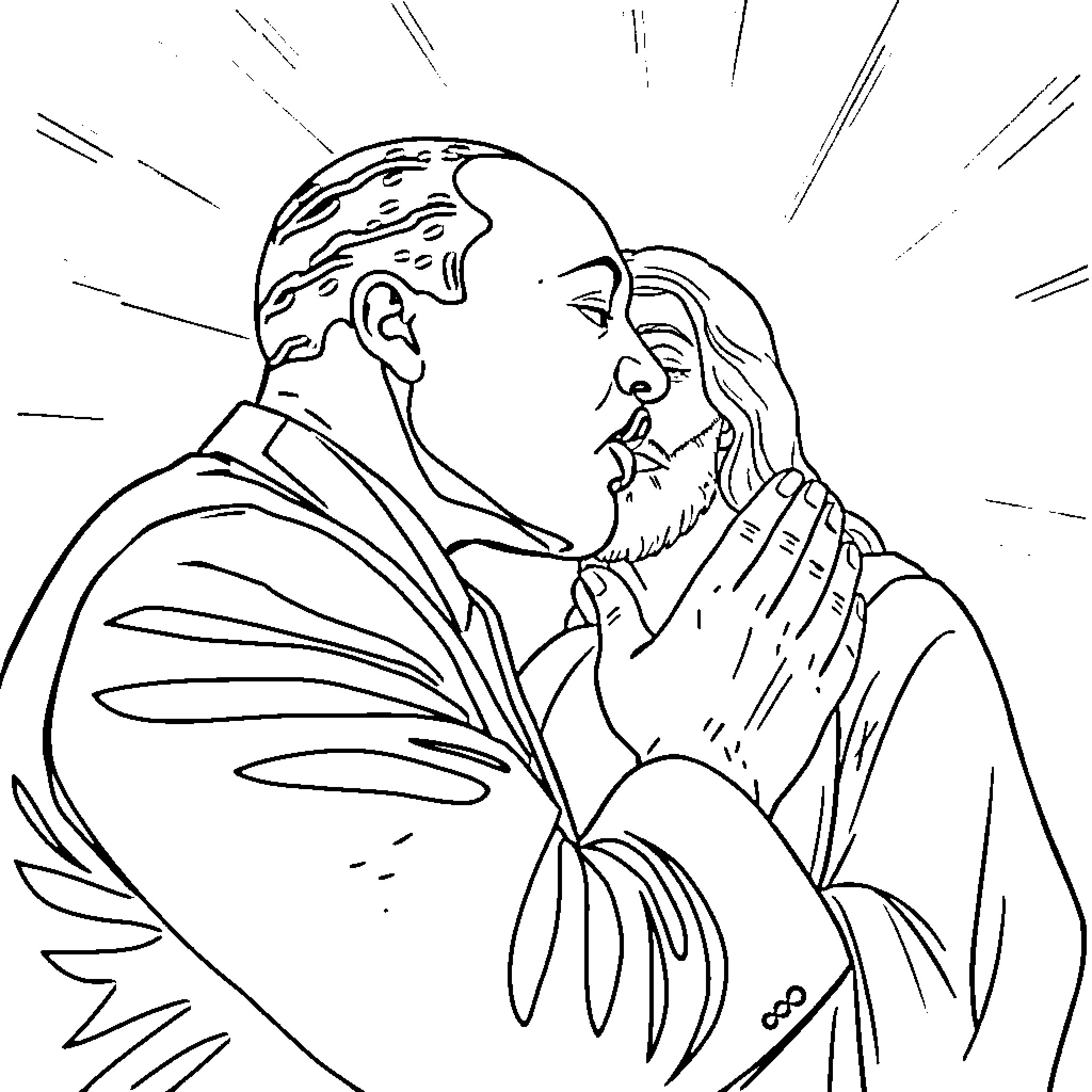 Martin Luther King conversing with a religious leader Coloring Page (free black-and-white line drawing printable PDF for all, from beginners to advanced learners, including children, teens, adults, and seniors)