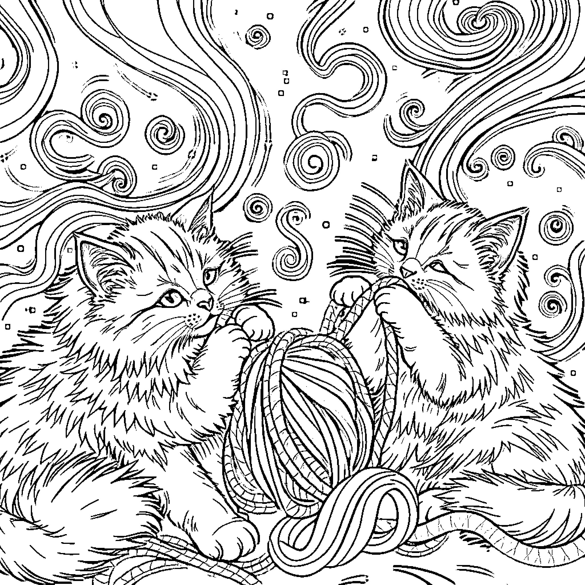 Cats Playing with Yarn in Abstract Swirls Coloring Page (free black-and-white line drawing printable PDF for all, from beginners to advanced learners, including children, teens, adults, and seniors)