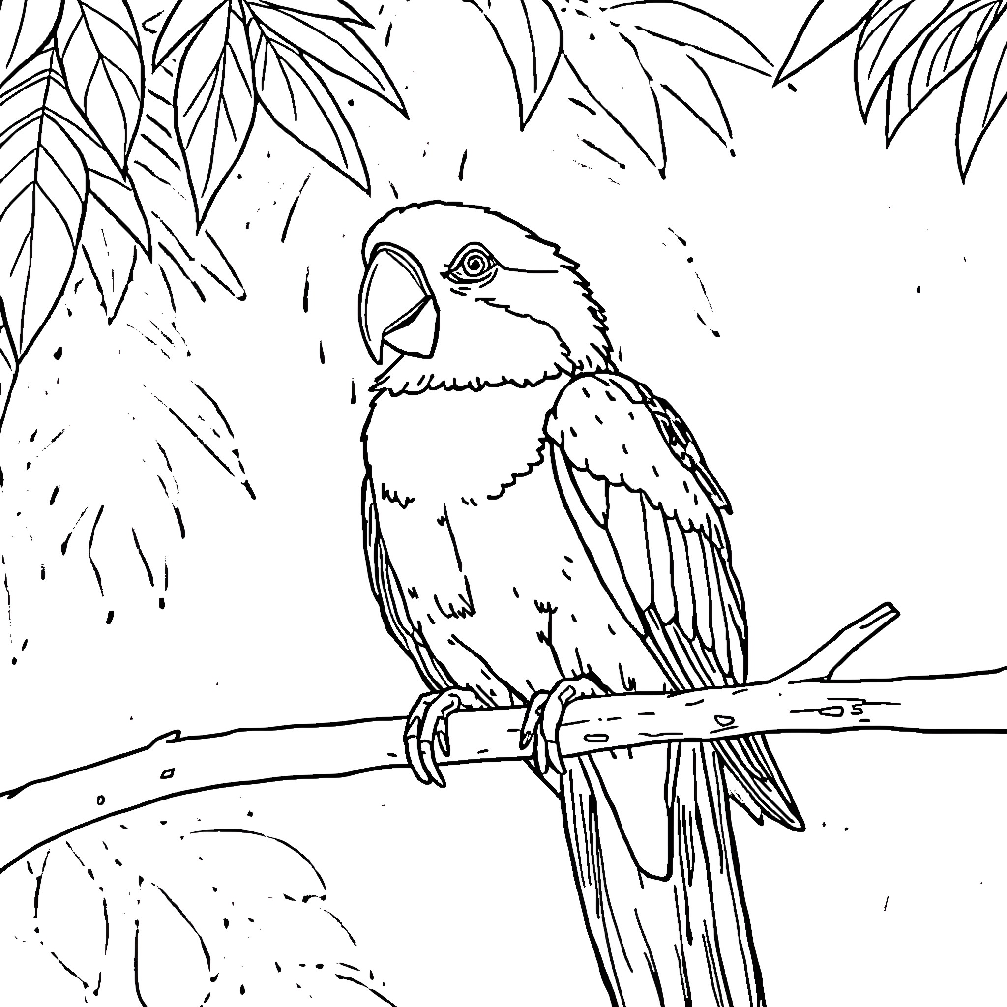 Parrot perching on a branch in the jungle Coloring Page (free black-and-white line drawing printable PDF for all, from beginners to advanced learners, including children, teens, adults, and seniors)