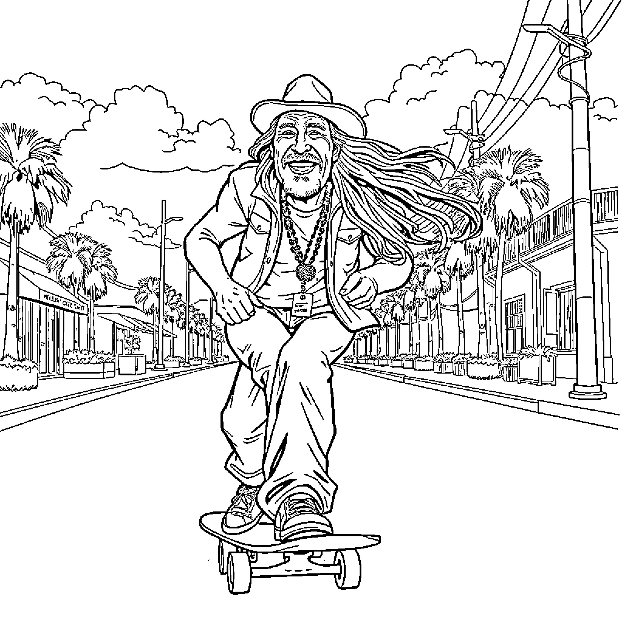Willie Nelson skateboarding through a lively street scene Coloring Page (free black-and-white line drawing printable PDF for all, from beginners to advanced learners, including children, teens, adults, and seniors)