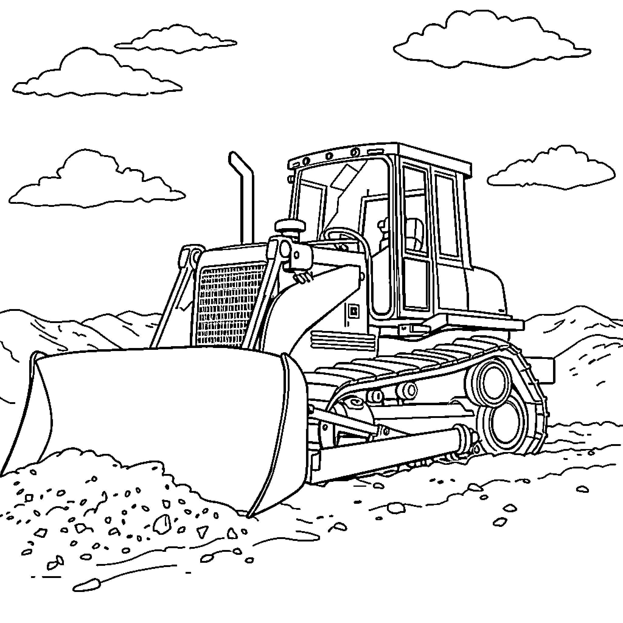 Bulldozer at work in the field Coloring Page (free black-and-white line drawing printable PDF for all, from beginners to advanced learners, including children, teens, adults, and seniors)