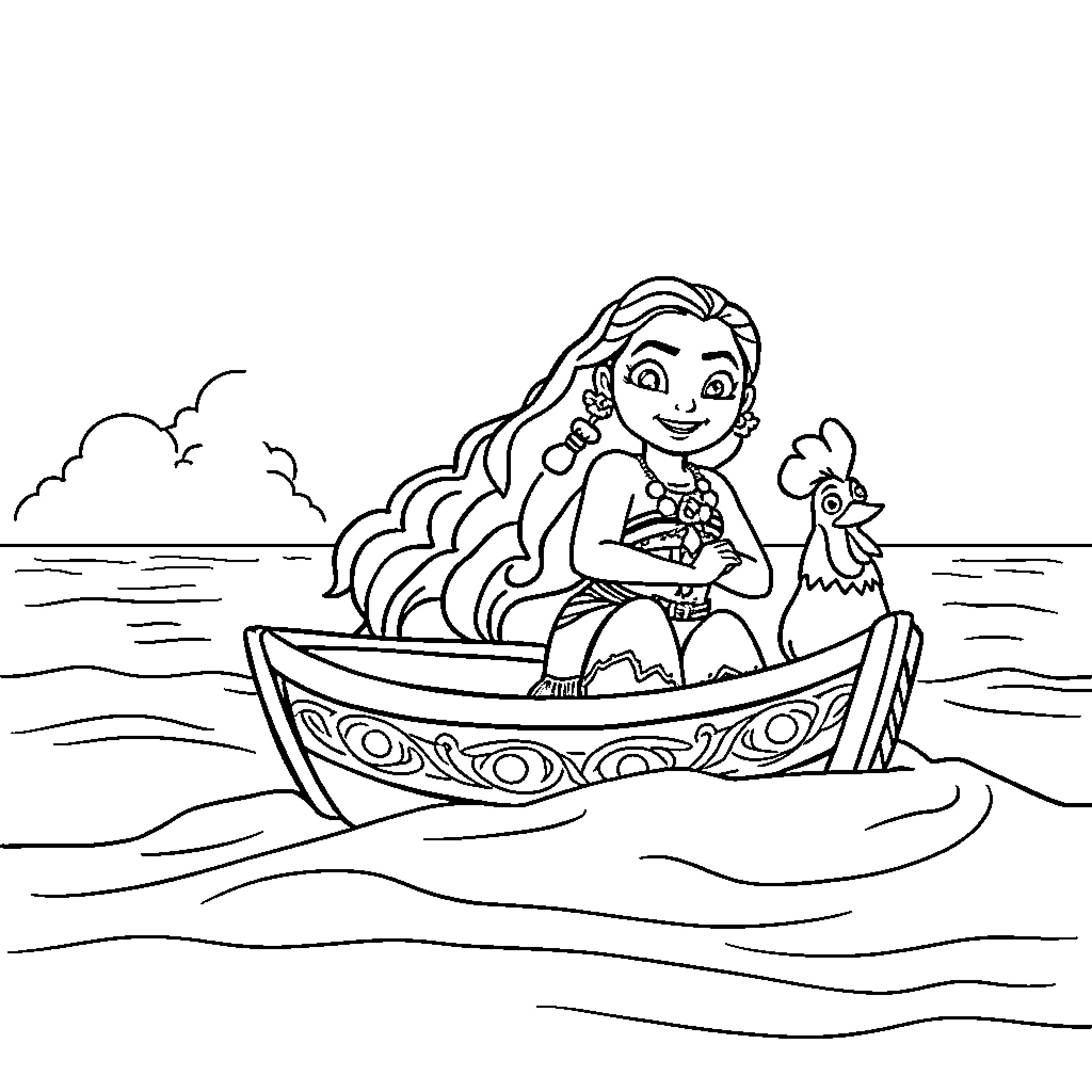 Moana sailing on the ocean with her animal friend Coloring Page (free black-and-white line drawing printable PDF for all, from beginners to advanced learners, including children, teens, adults, and seniors)