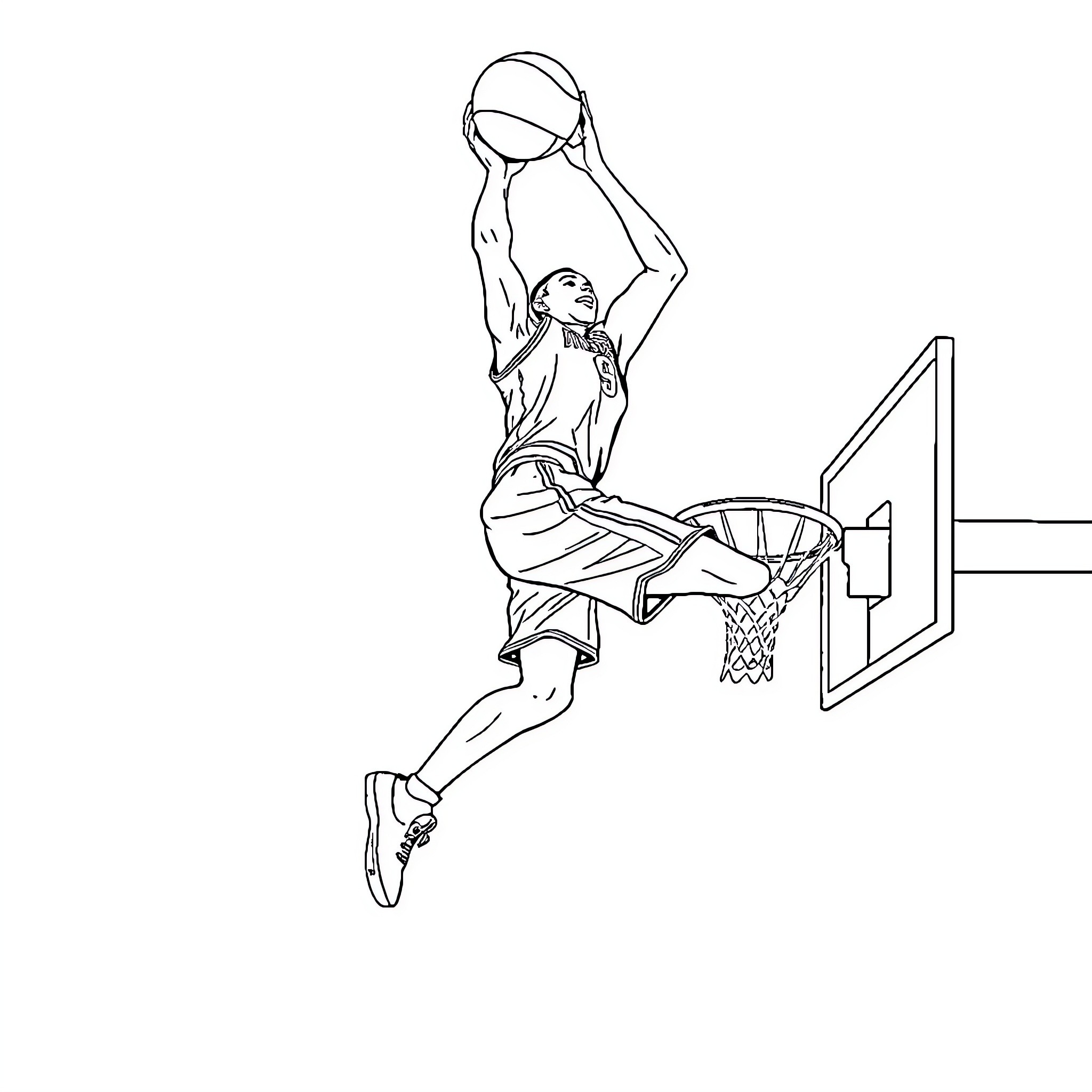 Basketball Player Dunking with Determination Coloring Page (free black-and-white line drawing printable PDF for all, from beginners to advanced learners, including children, teens, adults, and seniors)