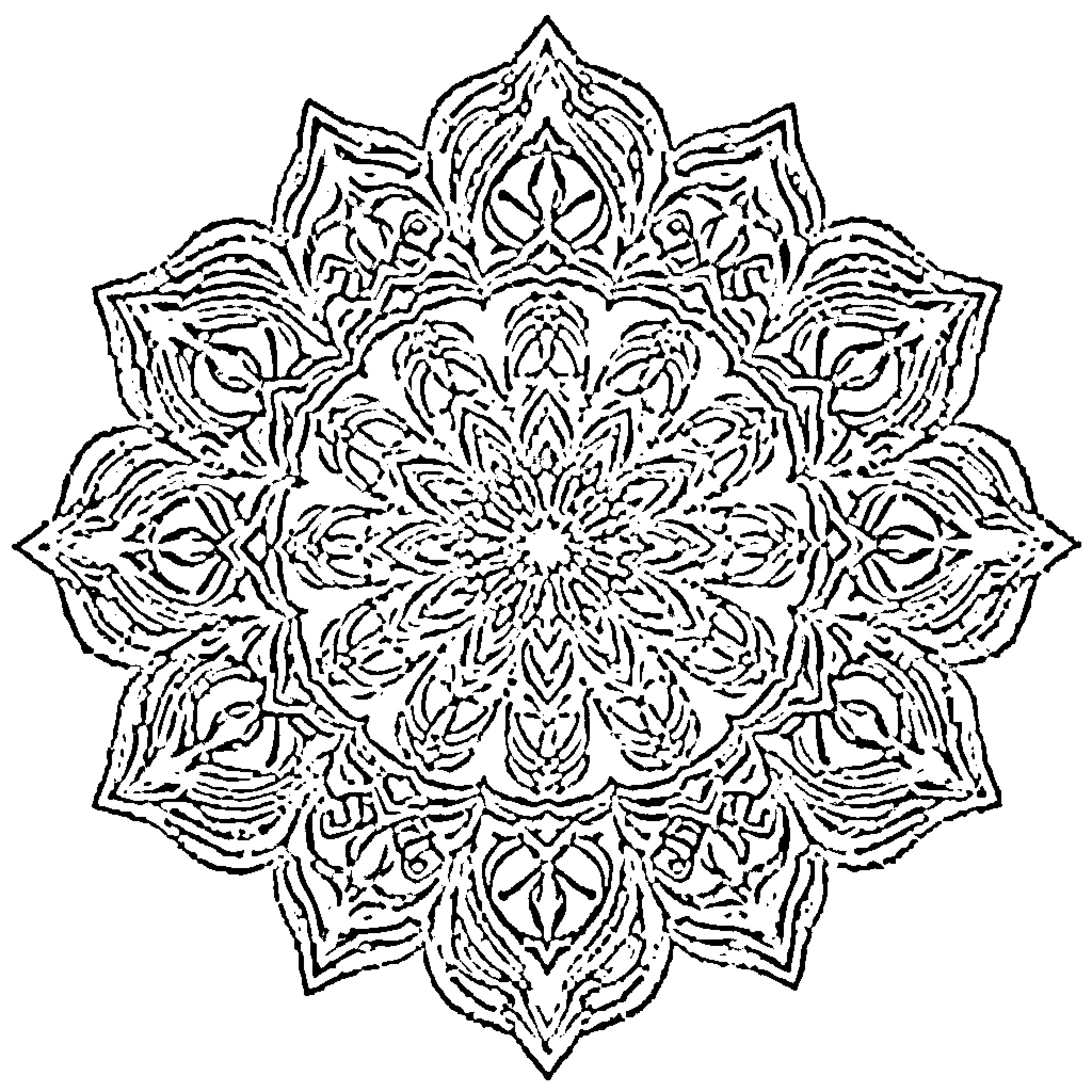 Mandala of intricate floral patterns Coloring Page (free black-and-white line drawing printable PDF for all, from beginners to advanced learners, including children, teens, adults, and seniors)