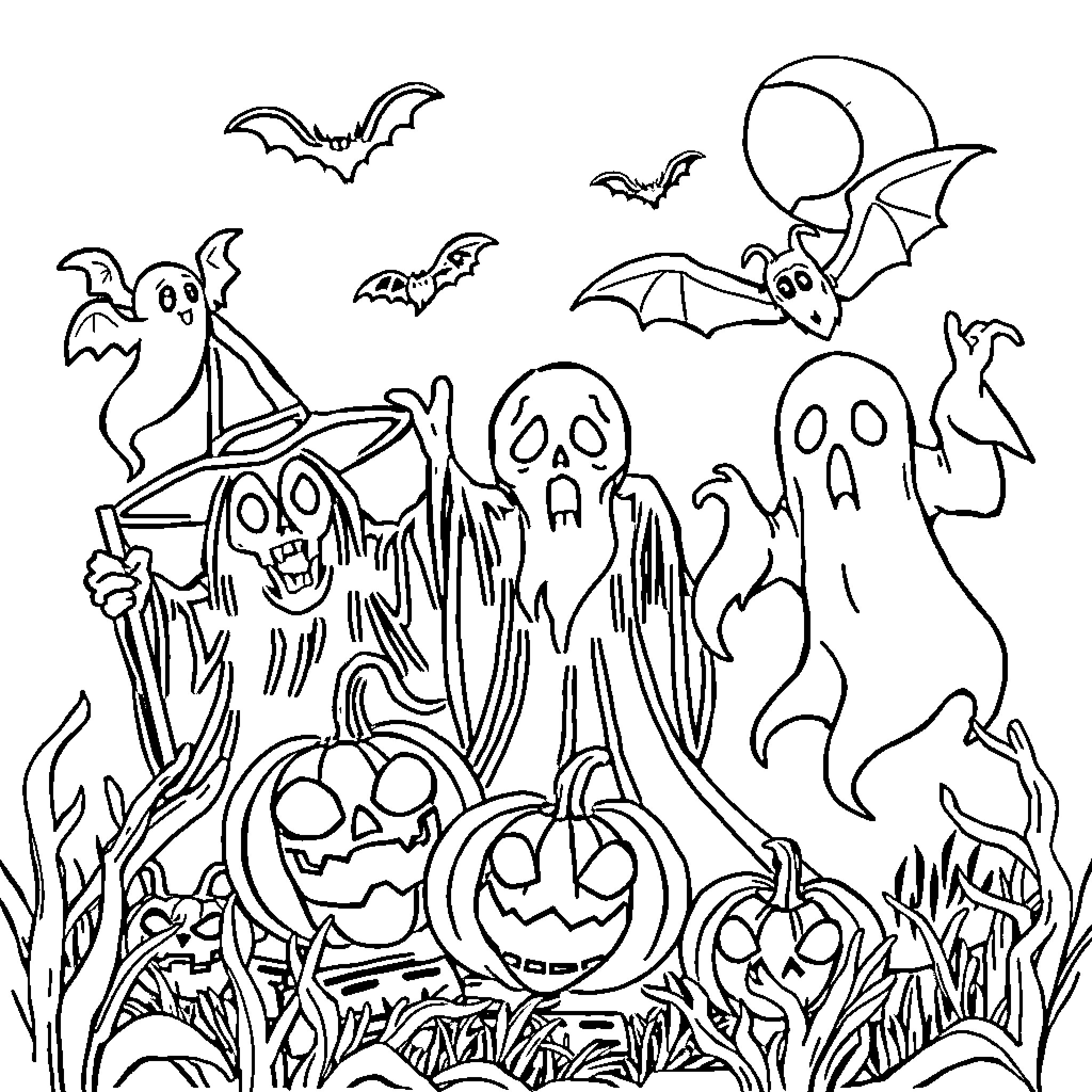 Creature's Halloween Haunts Coloring Page (free black-and-white line drawing printable PDF for all, from beginners to advanced learners, including children, teens, adults, and seniors)