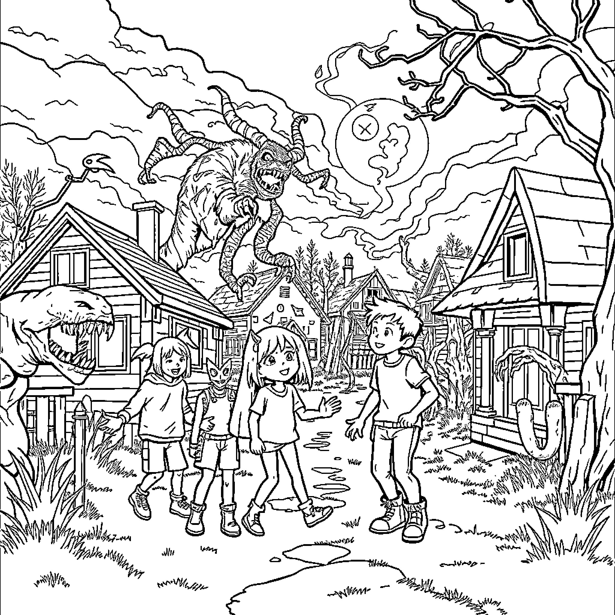 Stranger Things Haunted Neighborhood Adventure Coloring Page (free black-and-white line drawing printable PDF for all, from beginners to advanced learners, including children, teens, adults, and seniors)