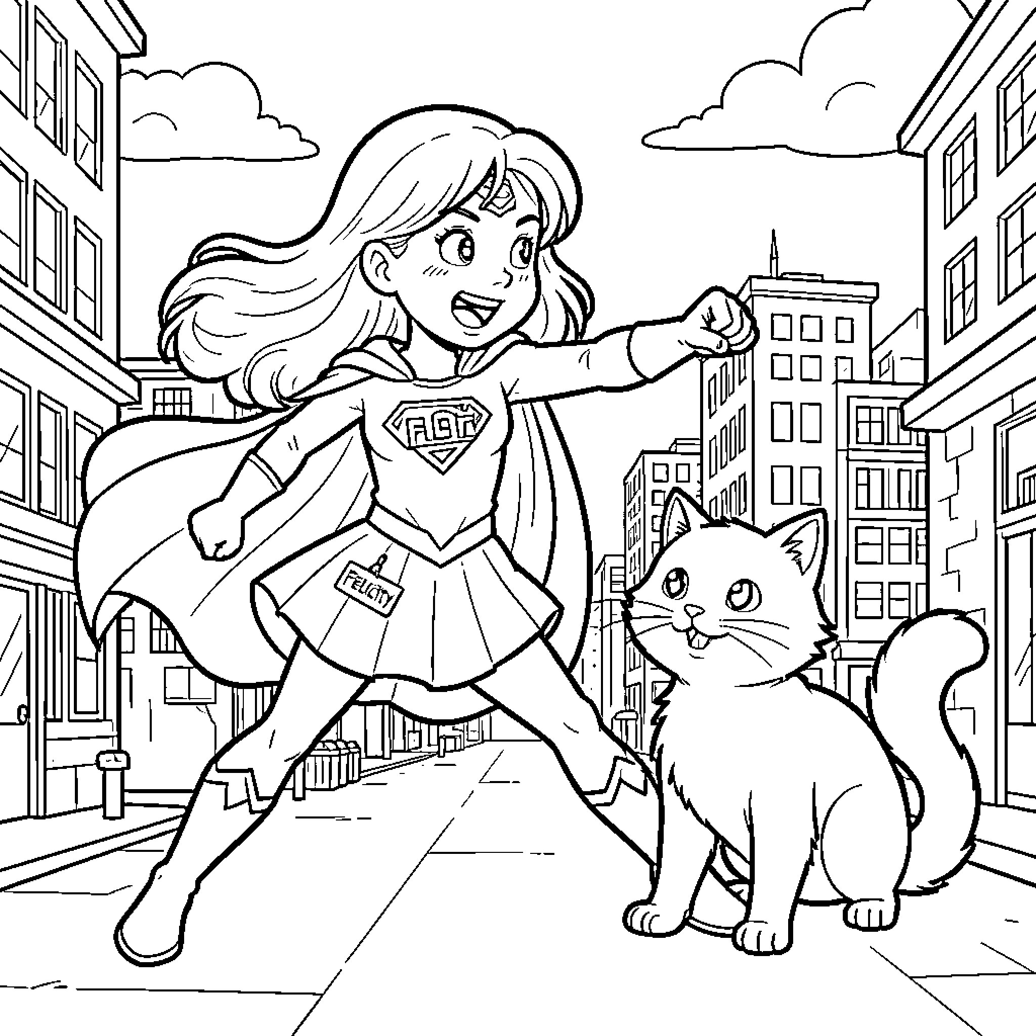 Supergirl running heroically through a city street with a cat Coloring Page (free black-and-white line drawing printable PDF for all, from beginners to advanced learners, including children, teens, adults, and seniors)