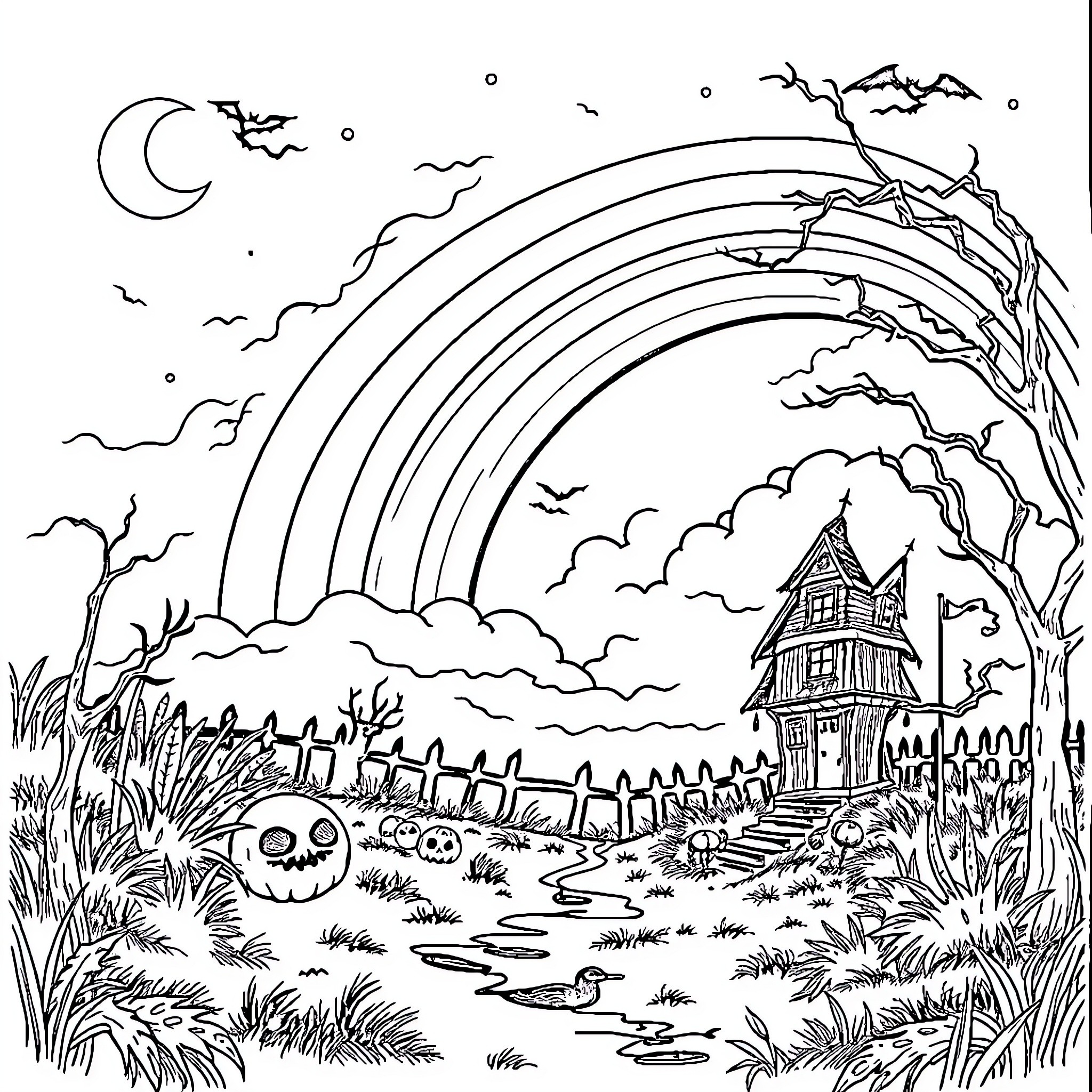 Horror Haunted House under Eerie Night Sky Coloring Page (free black-and-white line drawing printable PDF for all, from beginners to advanced learners, including children, teens, adults, and seniors)