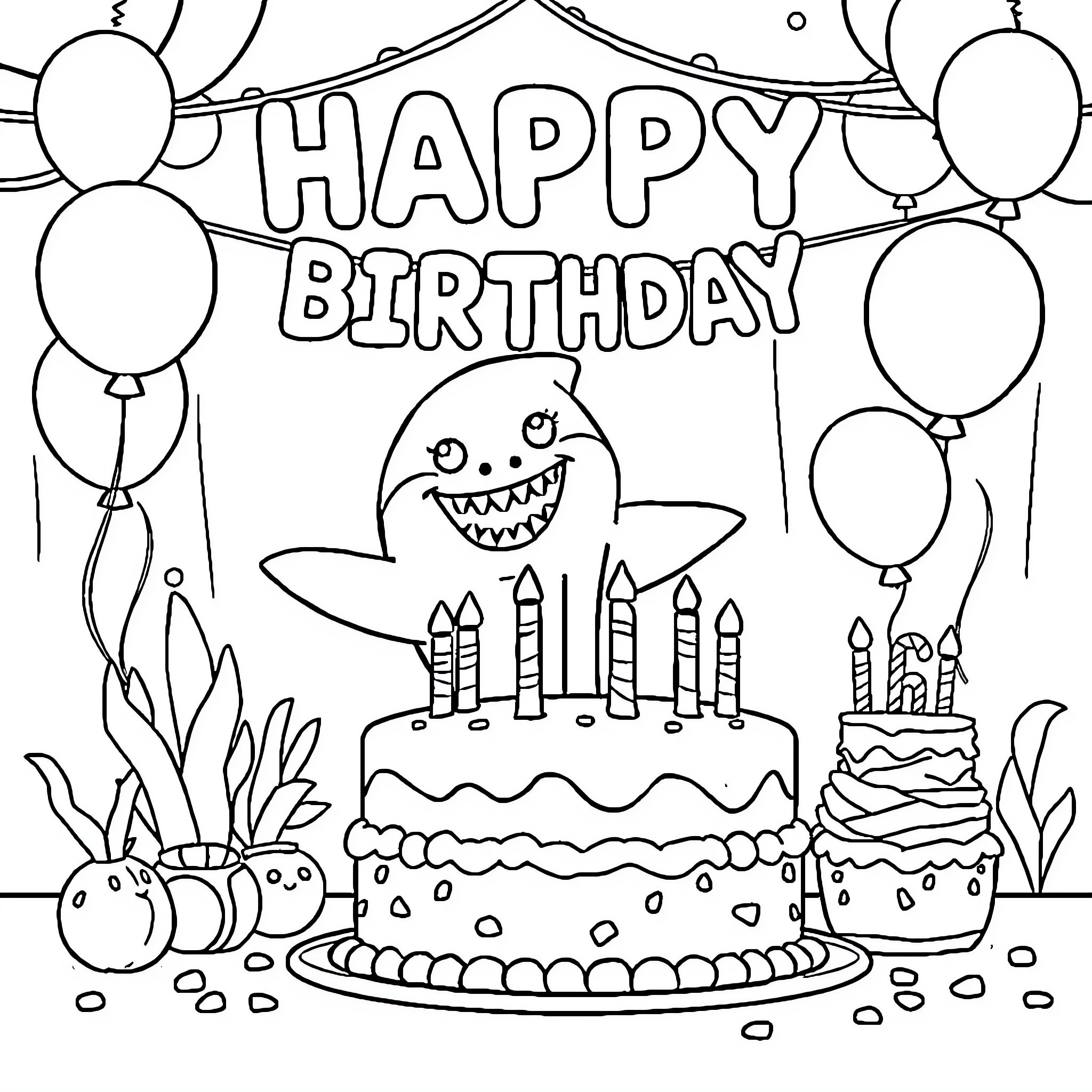 Baby Shark's Happy Birthday Celebration Coloring Page (free black-and-white line drawing printable PDF for all, from beginners to advanced learners, including children, teens, adults, and seniors)
