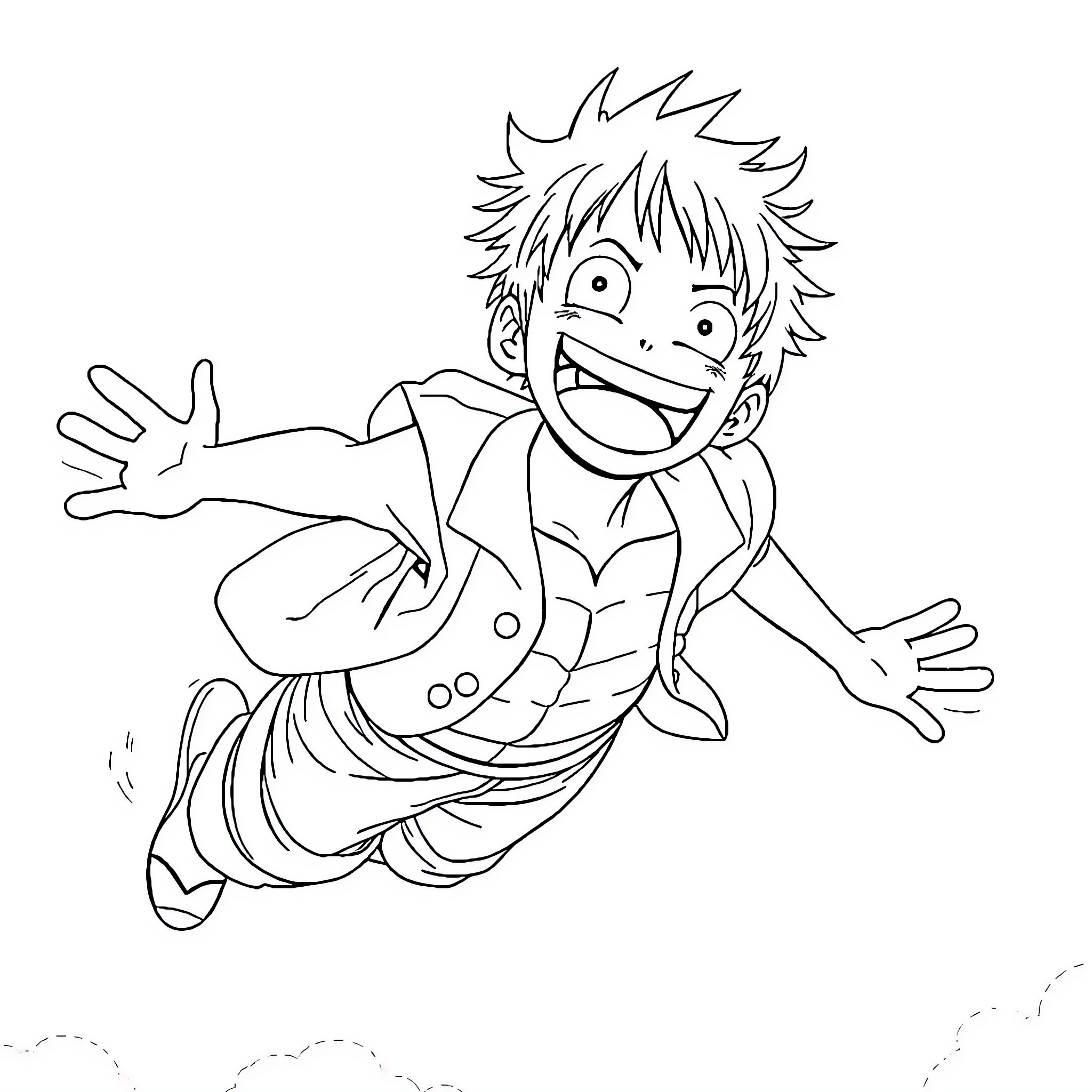 Luffy excited and stretching with outstretched arms Coloring Page (free black-and-white line drawing printable PDF for all, from beginners to advanced learners, including children, teens, adults, and seniors)