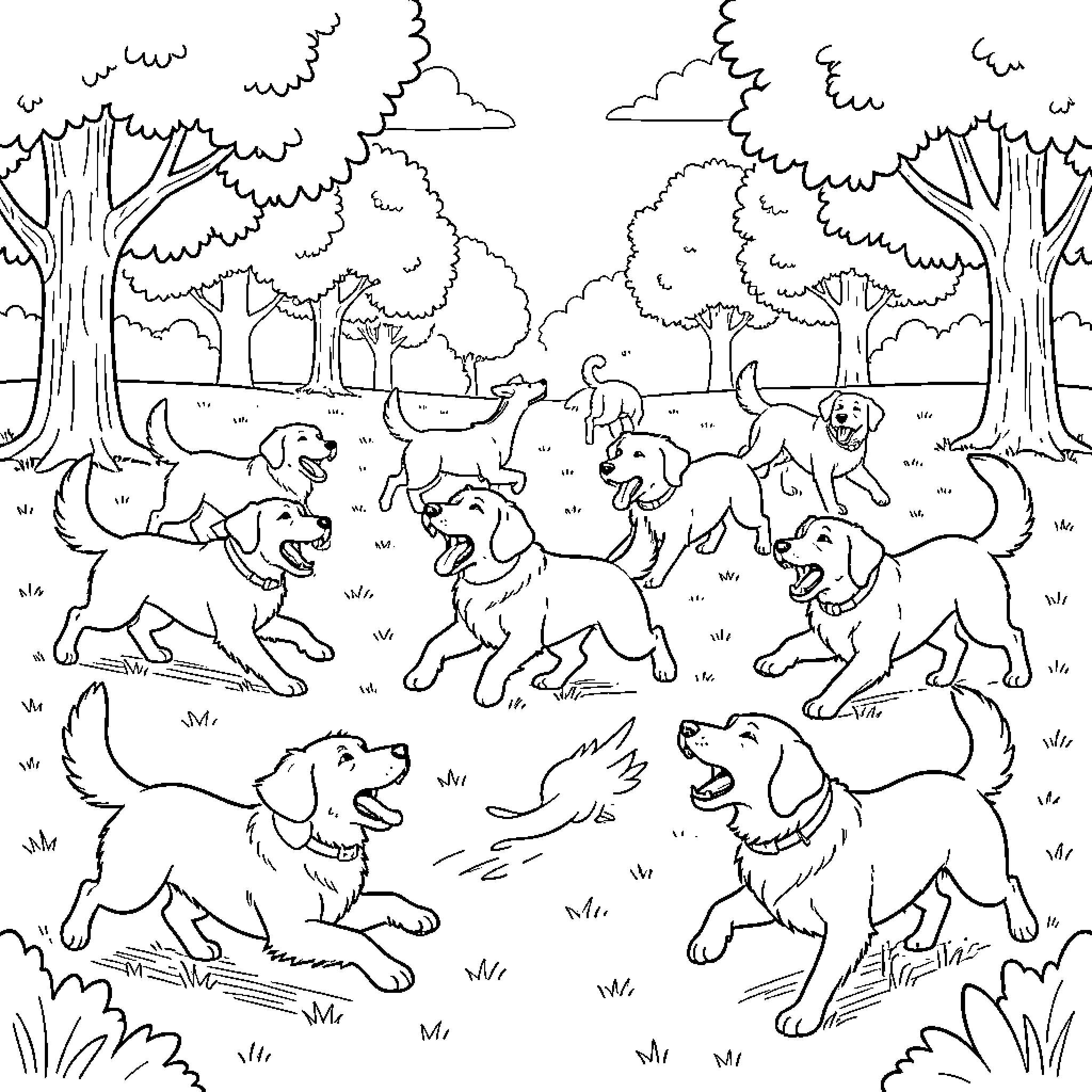 Dog group playing and running in a grassy park Coloring Page (free black-and-white line drawing printable PDF for all, from beginners to advanced learners, including children, teens, adults, and seniors)