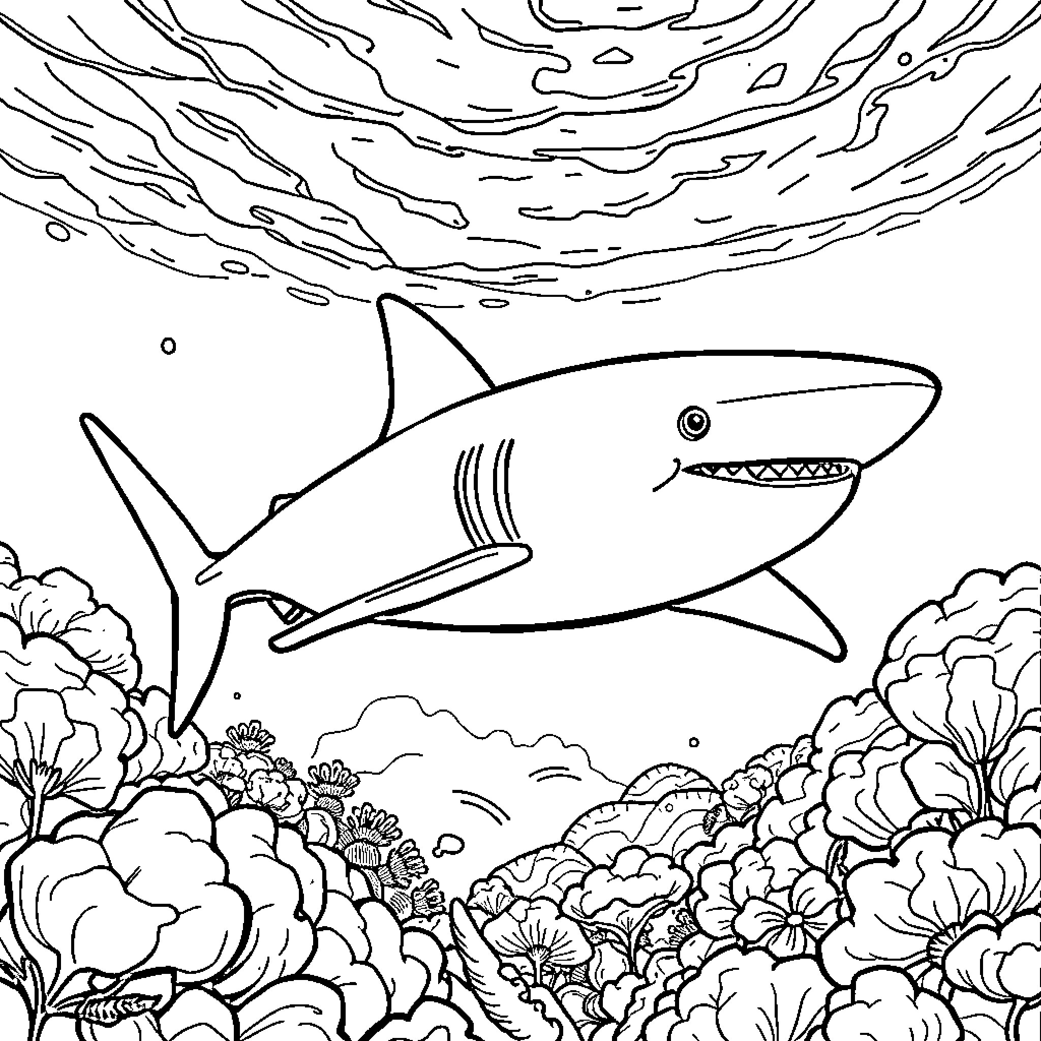Tiburon swimming through an underwater landscape Coloring Page (free black-and-white line drawing printable PDF for all, from beginners to advanced learners, including children, teens, adults, and seniors)