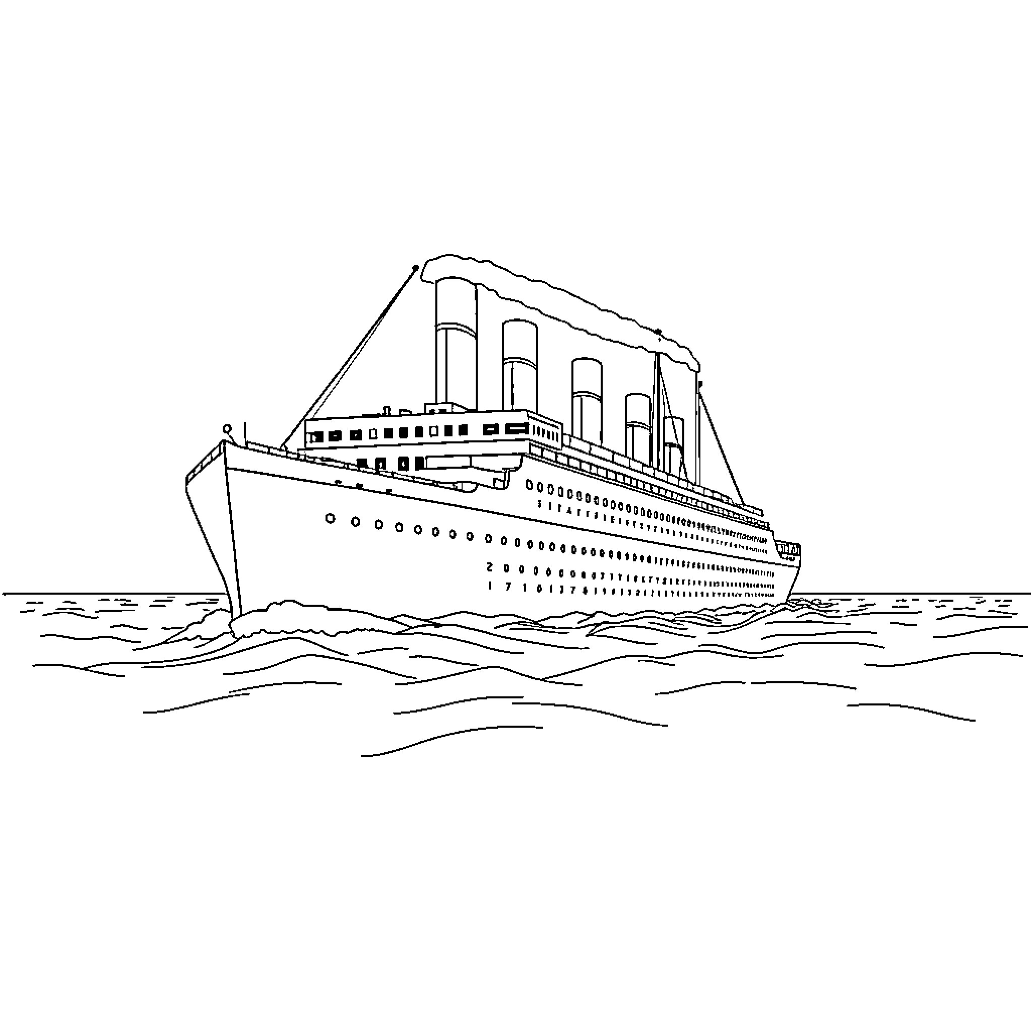 Titanic cruise ship sailing on the open sea Coloring Page (free black-and-white line drawing printable PDF for all, from beginners to advanced learners, including children, teens, adults, and seniors)