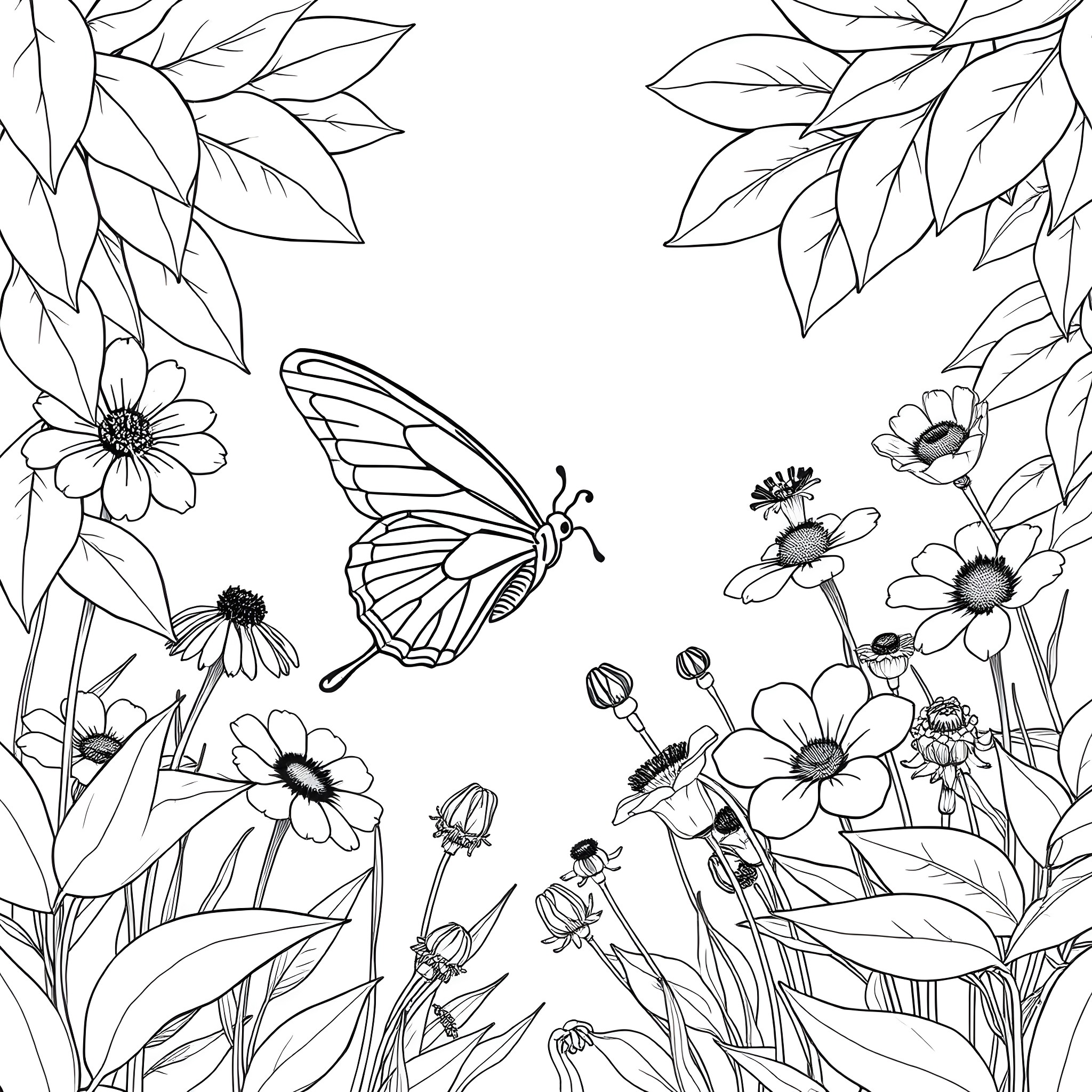 Butterfly flying amidst floral scenery Coloring Page (free black-and-white line drawing printable PDF for all, from beginners to advanced learners, including children, teens, adults, and seniors)