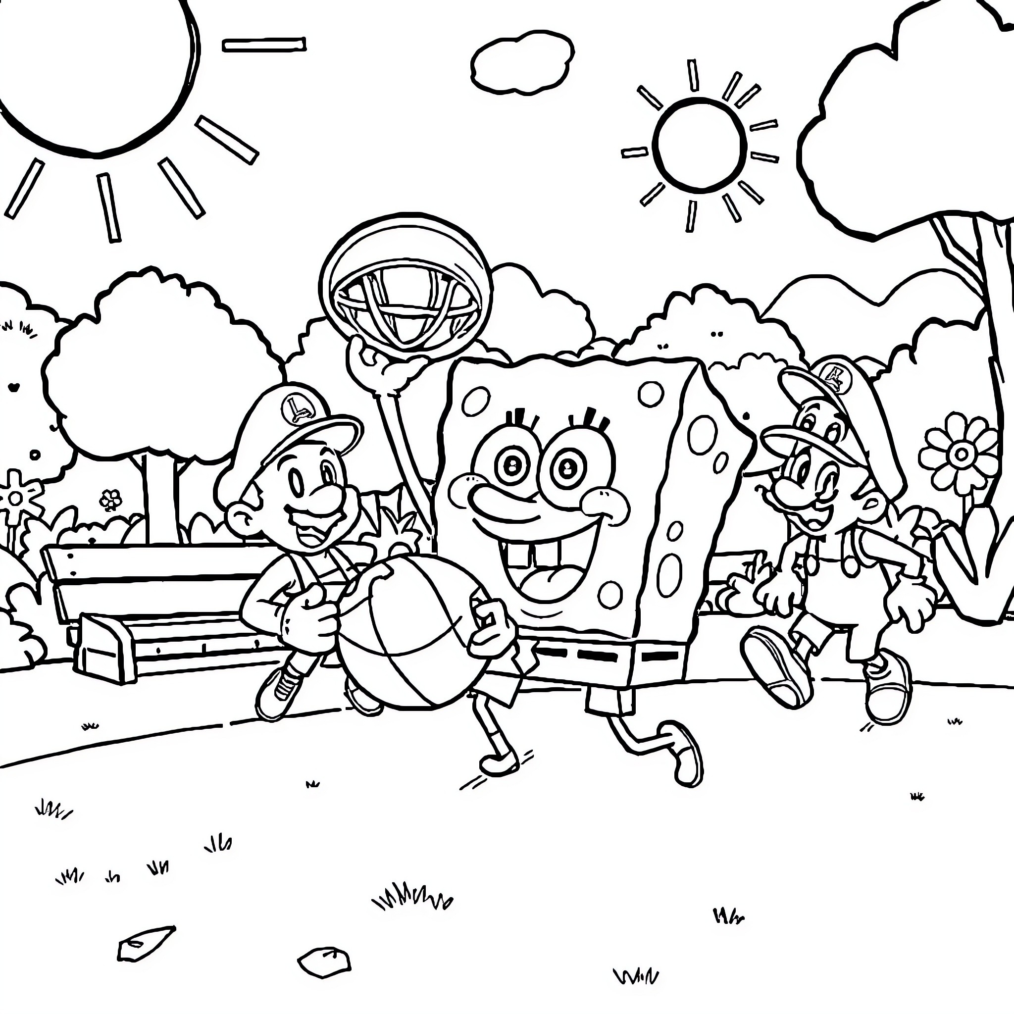 Spongebob and friends playing basketball in the park Coloring Page (free black-and-white line drawing printable PDF for all, from beginners to advanced learners, including children, teens, adults, and seniors)